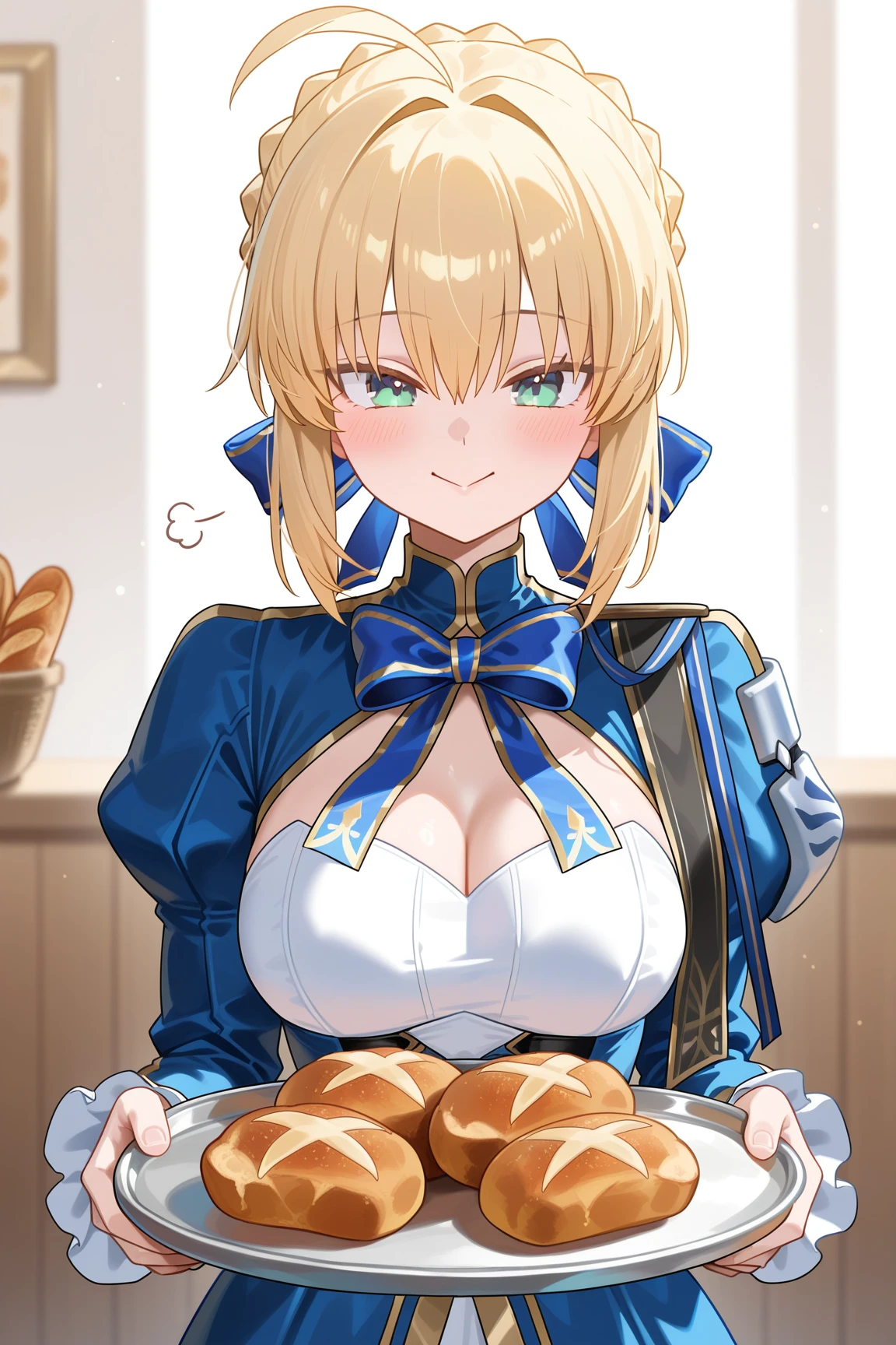 <lora:c_saber (honkai star rail)_(fate)_ilv1.0-xl:1>,saber \(honkai star rail\) \(fate\), artoria pendragon \(fate\), 1girl, saber \(fate\), blonde hair, green eyes, food, ahoge, , solo, dress, smile, blush, long sleeves, braid, bread, tray, holding, blue dress, :>, hair bun, puff of air, cleavage, , bow, ribbon, masterpiece, best quality,