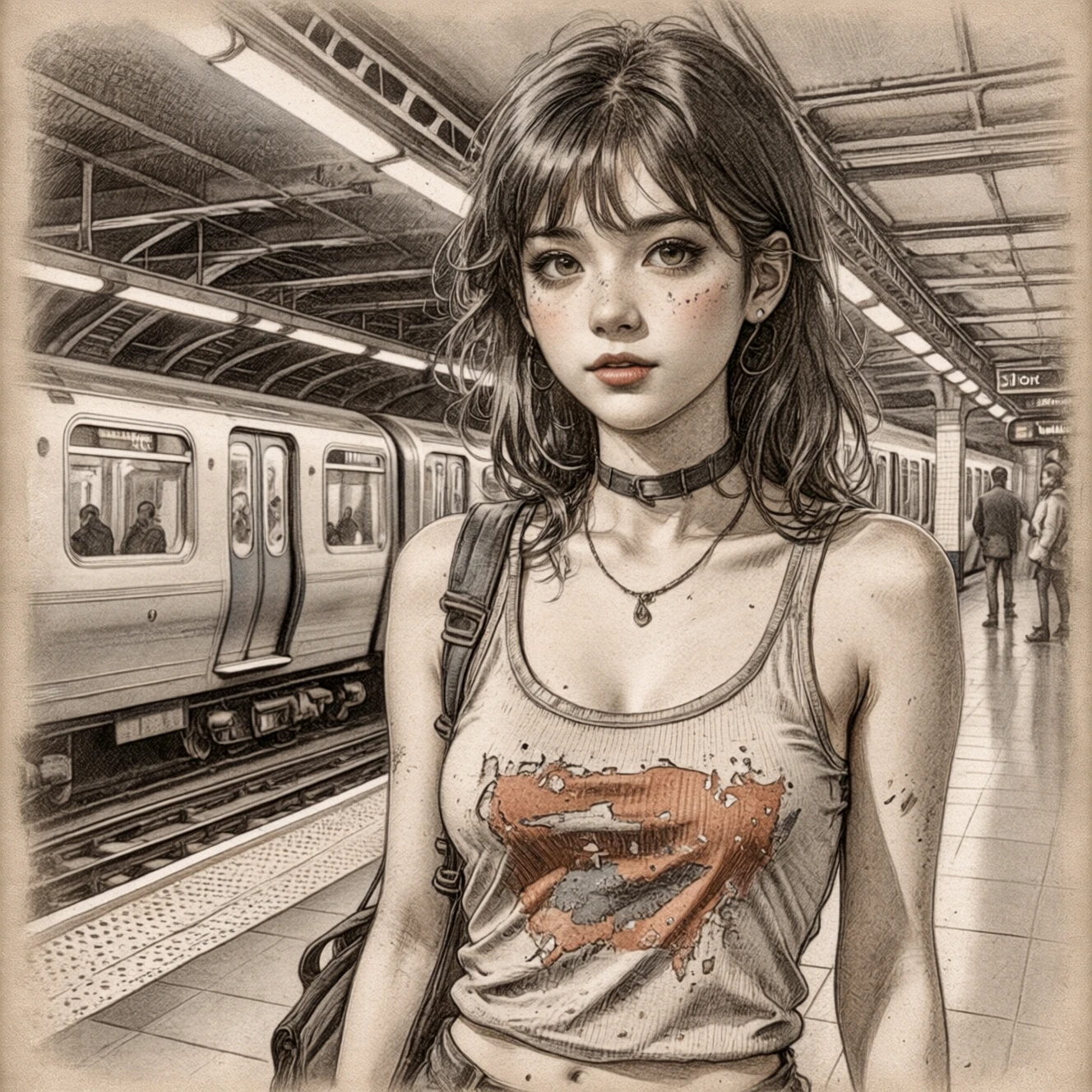 Vintage drawing style. Muted tones.
Intricate details.
Grunge girl. Tank top. Subway station. Vibrant.