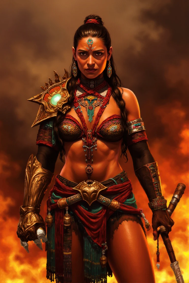 Digital illustration of a Latin American woman wearing traditional Aztec clothing, holding a long shaft in her hands. She stands in front of a fiery background with flames and smoke, fierce expression, strong and commanding pose. Highly detailed patterns on her outfit, vibrant colors, dramatic lighting, intense and powerful mood, cinematic composition.