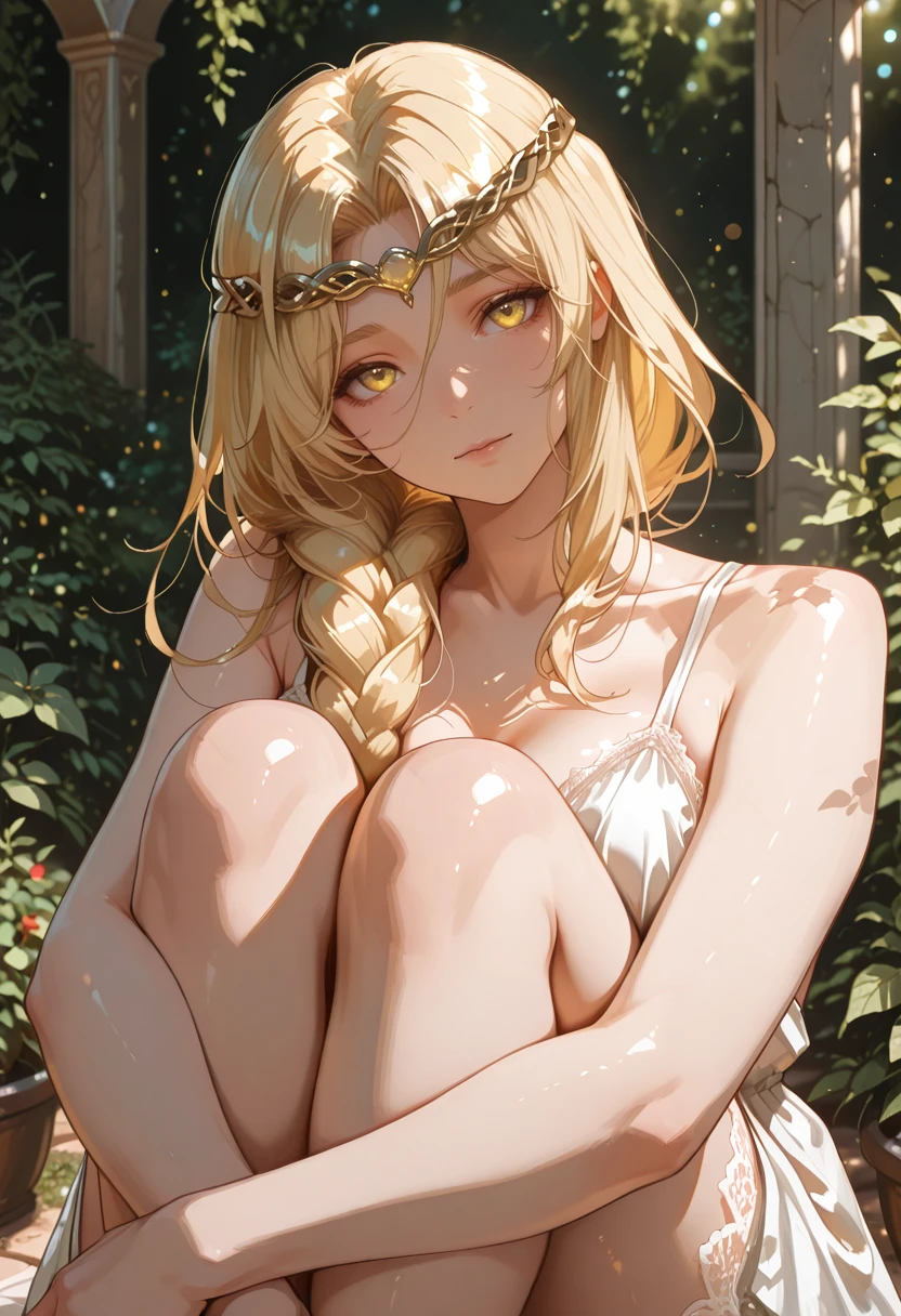 very awa, masterpiece, best quality, absurdres, newest, perfect quality, detailed background, intricate details, solo,
<lora:ILERMarika:1.0>
ERMarika, 1girl, long hair, single braid, blonde hair, circlet, yellow eyes, looking at viewer, outside, garden, lush greens, dappled sunlight, bokeh, upper body, head tilt, sitting, hugging own legs, lace panty visible a little, sundress