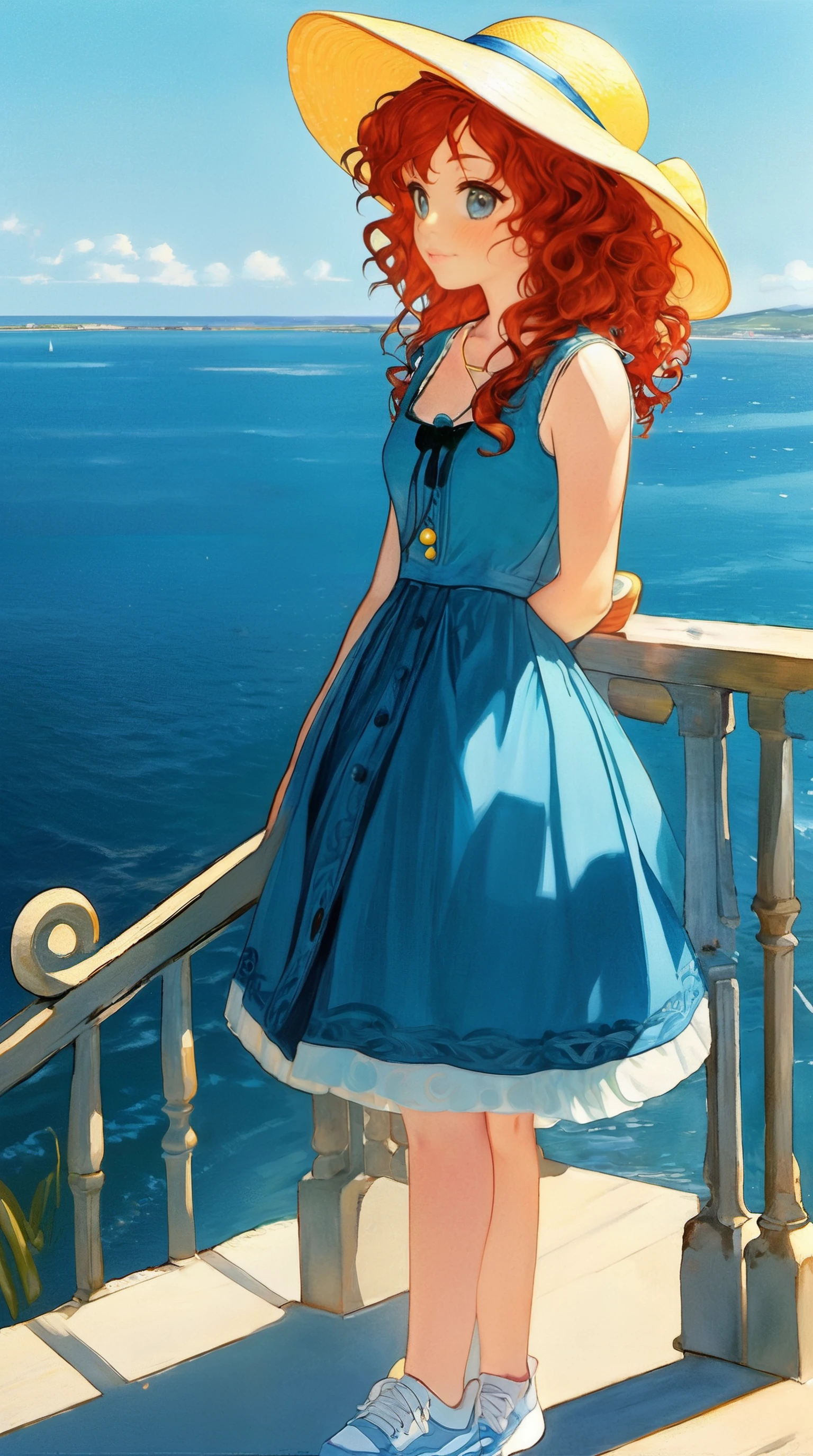(Masterpiece Painting:1.3)of(Visual novel:1.3), (Romantic:1.3)Fullbody traditional media painting of a beautiful irish woman, erica, freckled skin, large doe eyes, short curly red hair, leaning against a railing, looking over the sea, wearing ivory sneakers and a blue sundress, yellow sun hat, <lora:EricaMurphy_XL-000008:1>, (Rococo:1.3), (Fujifilm Superia:1.3)