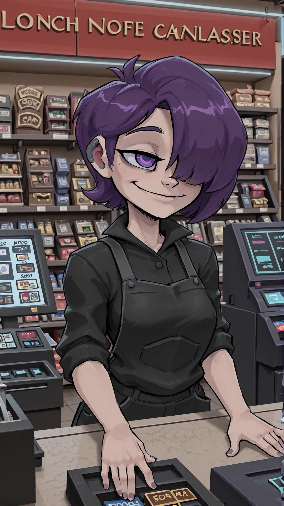 <lora:mdrgLadyAnnalie:1> mdrgLadyAnnalie, 1girl, shop, cash register, smile,