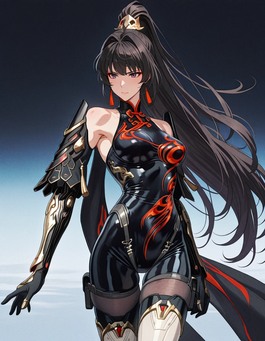 masterpiece,best quality,amazing quality,very aesthetic,high resolution,ultra detailed,perfect details,
dynamic pose,
<lora:mai_pgr_qu_qm_lqgy:1>,mai_pgr_qu_qm_lqgy,brown eyes,red eyeshadow,very_long_hair,high_ponytail,black_hair,mature female,(aged up:1.5),hair_ornament,bodysuit,bare_shoulders,gloves,mechanical_arms,pantyhose,boots,black_bodysuit,chinese_clothes,thigh_boots,white_footwear,tassel,gold_trim,
<lora:retro_scifi_artstyle:1>,retro_artstyle,