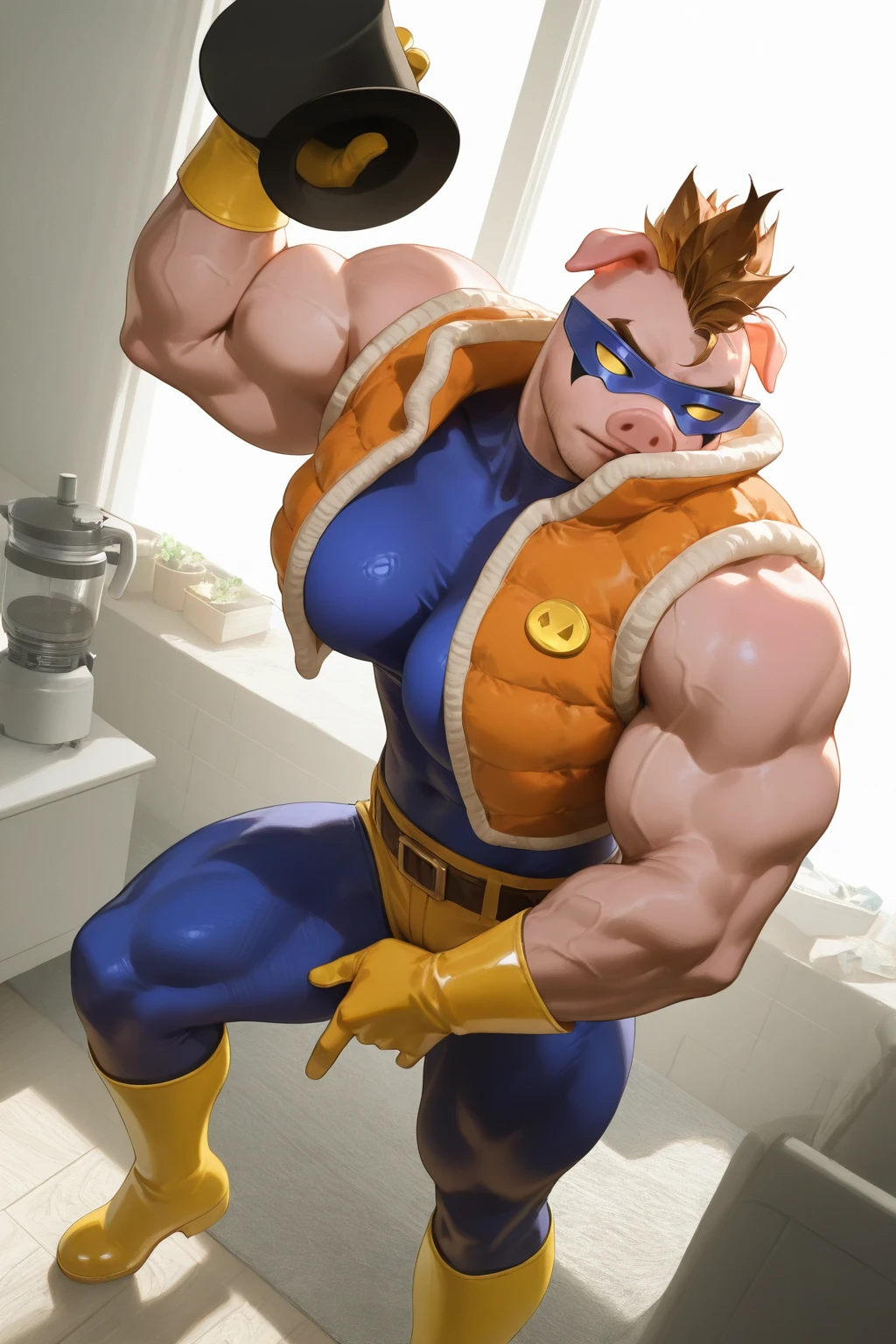 highres,absurdres,very awa,masterpiece,best quality,newest,year 2024,redum4,(ask \(askzy\):0.5),(modare:0.3),3d,(blender \(medium\):1.1),(dino \(dinoartforame\):0.7),(rei \(sanbonzakura\):0.8),(konya karasue:0.6),game cg,realistic,reality,3d background,
\\//,1boy,solo,
white background,3d background,
(muscular female:2.2),(strong:2.2),(thick arms:2.2),
<lora:SuperQ-000007:0.75>,superq,1boy,pig boy,top hat,brown hair,mohawk,spiked hair,domino mask,yellow gloves,fur-trimmed vest,orange vest,open vest,blue bodysuit,yellow shorts,rubber boots,bald,female masturbation,gigantic breasts,