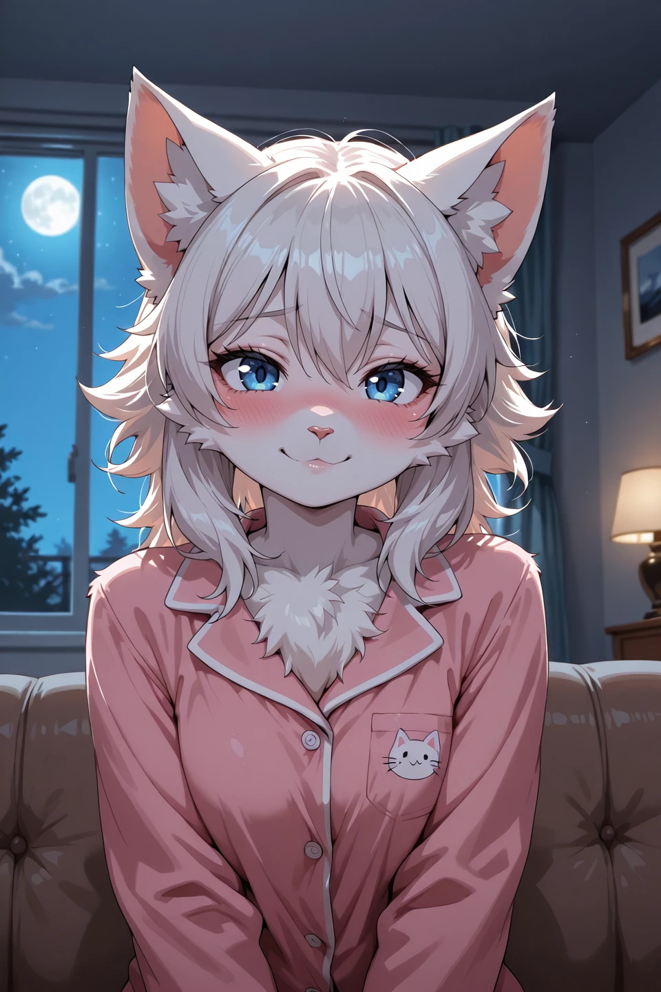 (masterpiece, best quality, ultra detailed, 8k, 4k, hi res, absurdres:1.3), (detailed texture lighting, detailed surface lighting) BREAK indoors, living room, couch, window, extra details, night, nighttime, moon BREAK
1girl, anthro, adorable, cat girl, looking at viewer, fluffy fur, upper body, pajamas, shy smile, blush, close-up,