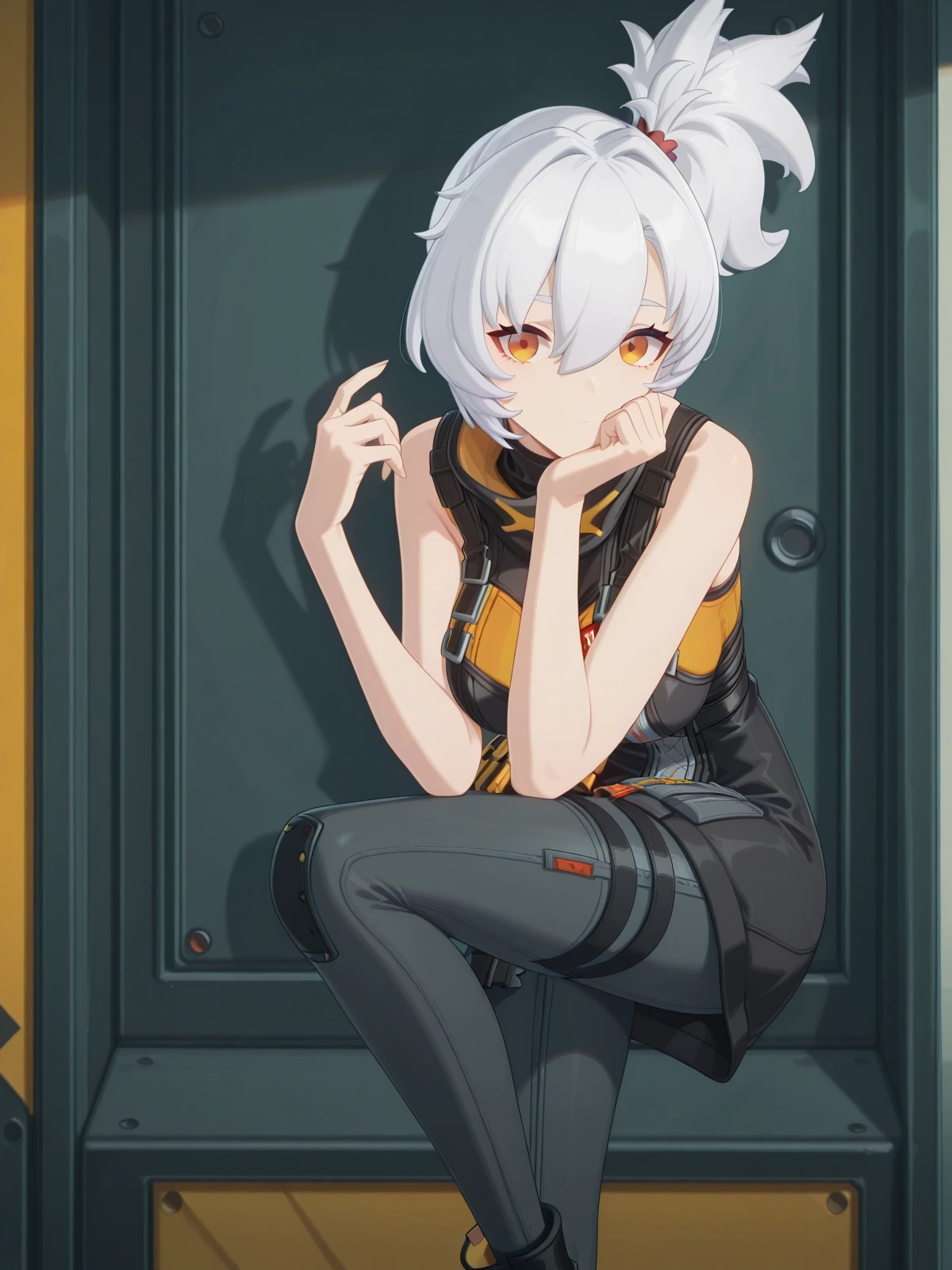 masterpiece, best quality, amazing quality,, <lora:zzz-soldier-11-ingame-illustriousxl-lora-nochekaiser:1>, soldier 11, soldier 11 (zenless zone zero), white hair, hair tie, orange eyes, ponytail, short hair, side ponytail, mature female, , 3d, <lora:giuseppe-zanotti-spring-summer-2009-illustriousxl-lora-nochekaiser:1>, giuseppe zanotti spring summer 2009, solo, leg up, hands up, feet out of frame, hand on own chin, lookin at viewer, standing on one leg,, , ,