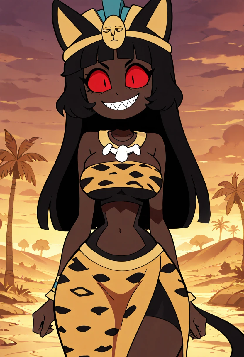 masterpiece, best quality, solo, curvy, beautiful eyes, narrow waist, wide hips, 1girl, solo, smile, looking at viewer, foreshortening, close up, zzNeffi, red eyes, colored sclera, black hair, long hair, dark skin, blunt bangs, slit pupils, sharp teeth, skindentation, sexy, <lora:NeffiNefertiti:1.0>, , smile, looking at viewer, cowboy shot, large breasts, wild, zzSavage, animal ears, bone necklace, tribal, animal print, midriff, tail, <lora:SavageNAI:1.0>,