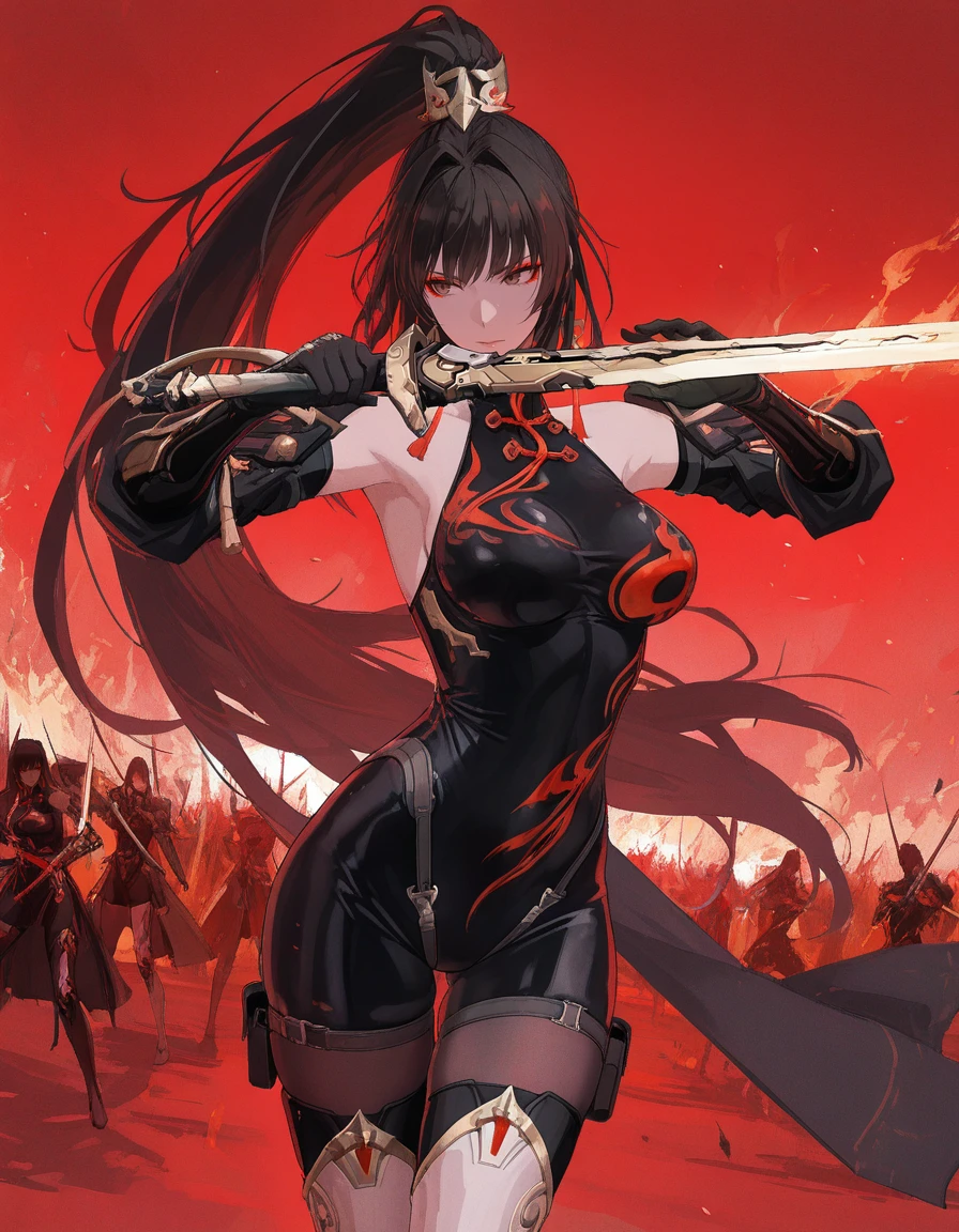 masterpiece,best quality,amazing quality,very aesthetic,high resolution,ultra detailed,perfect details,
battlefield,red theme,
<lora:mai_pgr_qu_qm_lqgy:1>,mai_pgr_qu_qm_lqgy,brown eyes,red eyeshadow,very_long_hair,high_ponytail,black_hair,mature female,(aged up:1.5),hair_ornament,bodysuit,bare_shoulders,gloves,mechanical_arms,pantyhose,boots,black_bodysuit,chinese_clothes,thigh_boots,white_footwear,tassel,gold_trim,holding_sword,<lora:mai_pgr_x1:1>,
dynamic pose,fighting stance,fire,feather,cowboy shot,