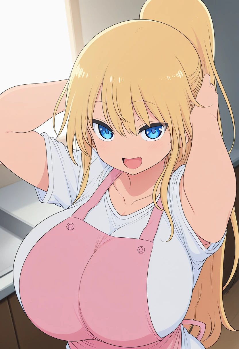 1girl, ch1ntarou, upper body, apron, ponytail, blonde hair, hands in hair, looking at viewer, open mouth smile, white t-shirt, kitchen, dramatic lighting