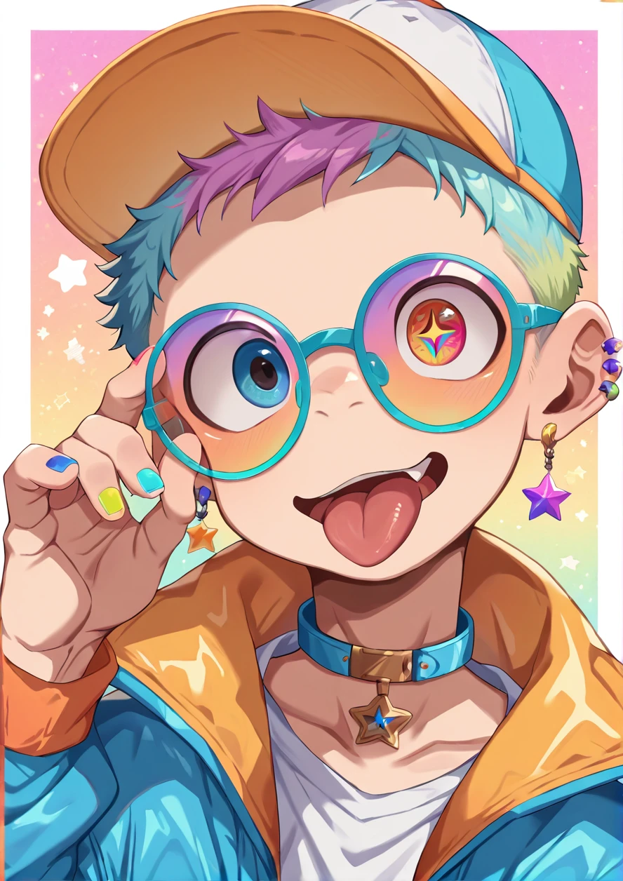masterpiece,best quality,high quality,highly detailed,intricate,8k,absurdres,1boy,solo,tongue out,looking at viewer,fang,cute,adjusting eyewear,colorful nails,colorful hair,very short hair,colorful earrings,fingernails,hair accessories,colorful jewelry,colorful-framed eyewear,colorful-tinted eyewear,portrait,colorful background,colorful eyes,big round eyes,heterochromia,star \(symbol\),tinted eyewear,upper body,cat ear,headwear,cyber jacket,cyber choker <lora:ããããwaryusya_IL7:1>