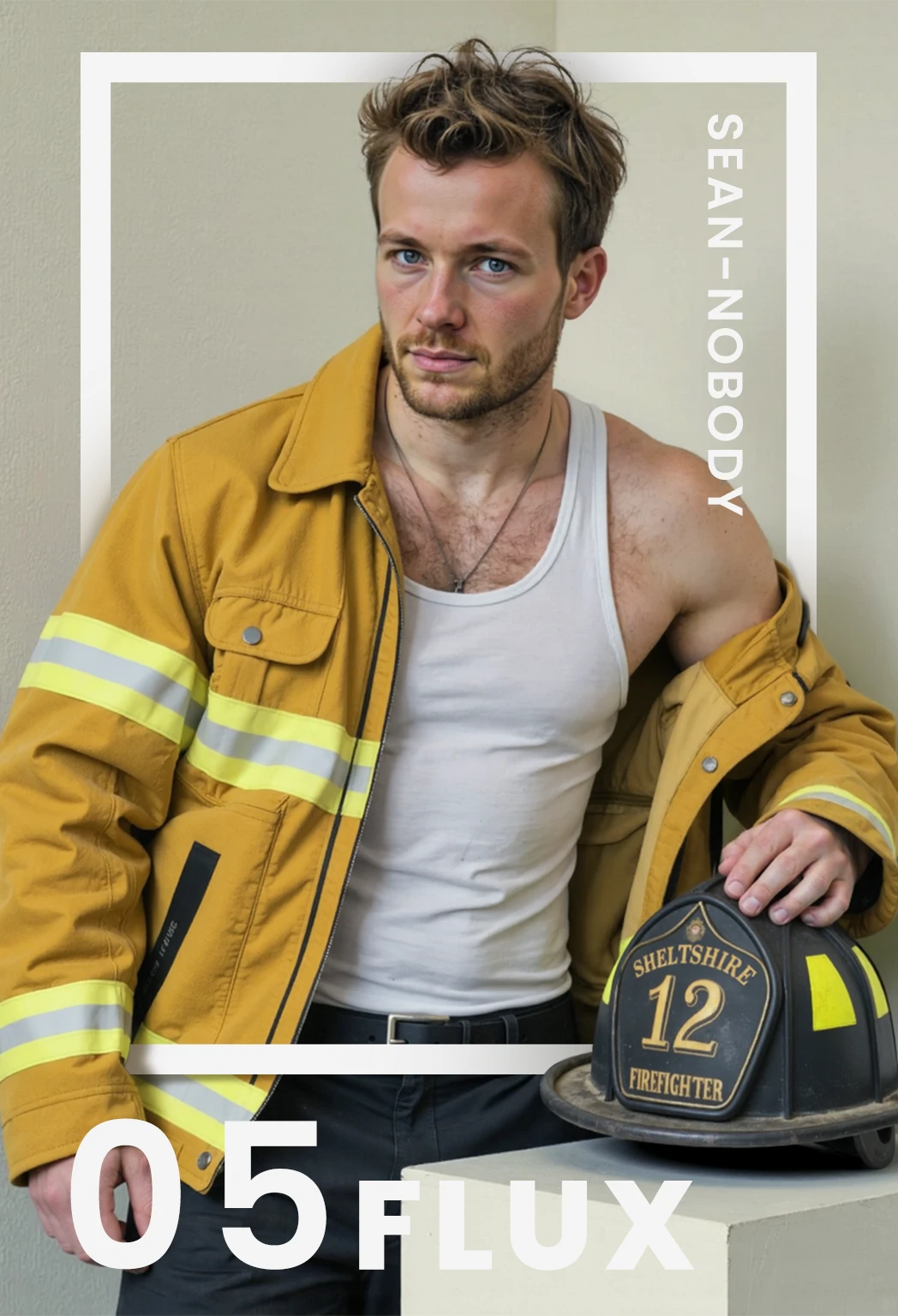 l3n0v0 medium shot photo. SeanNobody is a fireman. He wears a mustard jacket, black pants and a white tank top. The jacket hangs from one shoulder. He has one bare shoulder. In front of him is a white cube with a fireman's helmet resting on top. He has a hand on the helmet.

He is surrounded by smooth white plaster walls. Fashion photography.