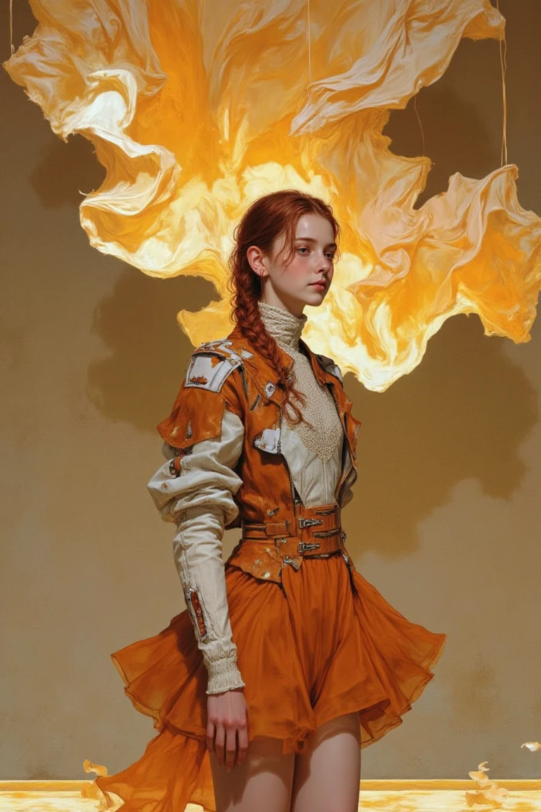 digital artwork of a young woman standing indoors, partially silhouetted by a surreal art installation of suspended fabric strips glowing in translucent amber, honey, and soft gold; the structure undulates mid-air like molten light frozen in motion, layered curls refracting warm ambient patterns; she stands right of center, wearing an avant-garde jacket of cracked ochre leather and pale ivory lace with angled shoulders and asymmetrical fastenings; below, an exaggerated puffed organza skirt in uneven saffron tones like wilted petals; copper-red hair in a loose unwinding braid; expression stoic and unreadable; background is a soft matte sand-toned wall enhancing the amber glow; atmosphere is meditative and experimental