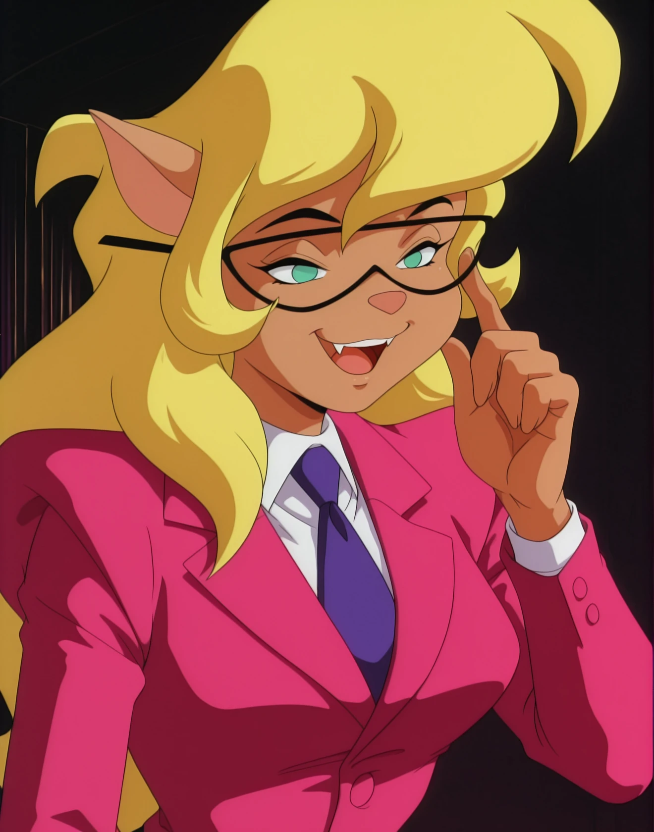 masterpiece, best quality, source_furry, 1girl, solo, Callie_BriggsSWCT, glasses, blond hair, long hair, green eyes, furry, anthro, glasses, necktie, pink formal, suit, skirt, pencil skirt, pointy ears, retro artstyle, bangs, 1990s (style), <lora:Callie_BriggsSWCT_IL:1> smile, half open eyes, close up, face focus, fangs, open mouth,
