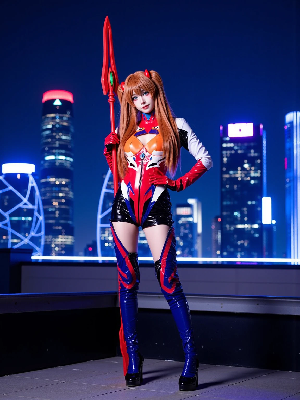 A realistic photo of a tall and slender beautiful young woman in cyb-asuka cosplay costume. She is also wearing gloves and black high heels. She has long orange twintails hair with interface headset. She is holding a spear.
She is standing on the edge of the roof with neon and led lights, behind is a futuristic cyberpunk skyline with skyscrapers.
The photo is a full body shot with her entire body visible and with intricate details scene.