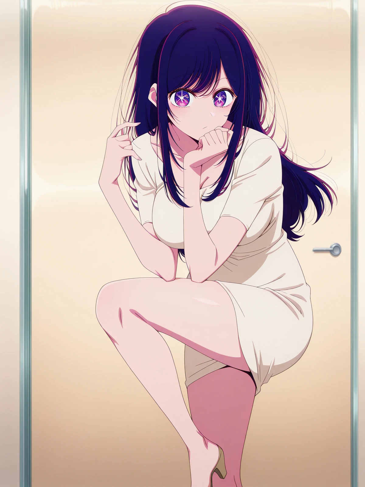 masterpiece, best quality, amazing quality,, <lora:ai-hoshino-s1-illustriousxl-lora-nochekaiser:1> ai hoshino, hoshino ai, long hair, bangs, purple eyes, purple hair, symbol-shaped pupils, mature female, , anime screencap, <lora:giuseppe-zanotti-spring-summer-2009-illustriousxl-lora-nochekaiser:1>, giuseppe zanotti spring summer 2009, solo, leg up, hands up, feet out of frame, hand on own chin, lookin at viewer, standing on one leg,, , ,