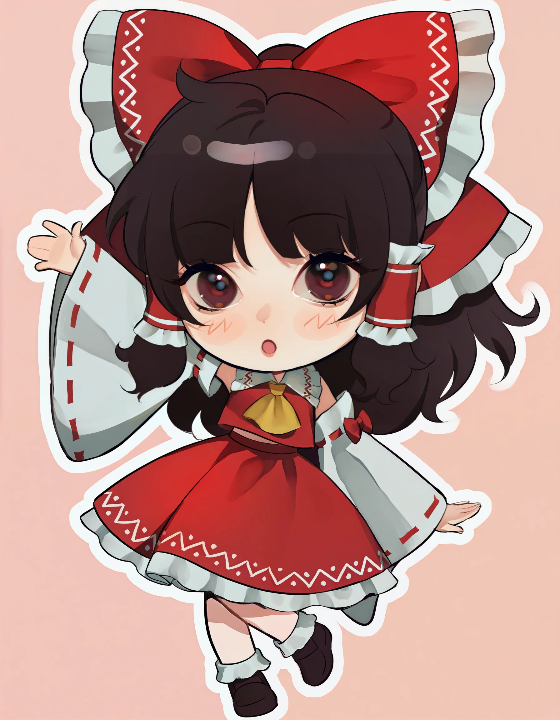 lavelis, <break> 1girl, hakurei reimu, (chibi:1.1), full body, blush lines, brown hair, waving, :o, light red background, outline, <break> very awa, masterpiece, best quality, amazing quality, highres, detailed background, ultra-detailed, <segment:yolo-face_yolov8n.pt,0.3,0.4//cid=11> <segment:yolo-hand_yolov8n.pt,0.3,0.4//cid=12>