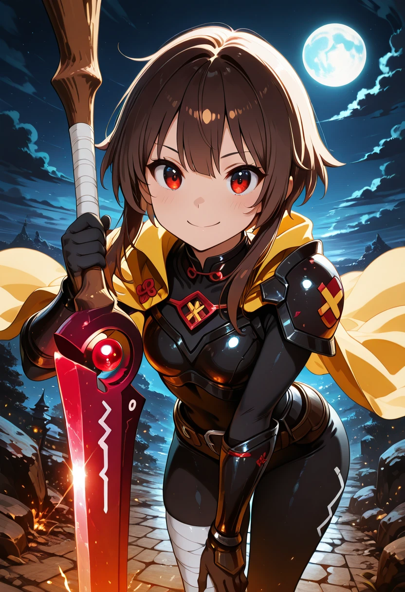 masterpiece, best quality, amazing quality, 4k, very aesthetic, high resolution, ultra-detailed,  ,[],   Megumin,  C1tr0nSw0rd, 1girl, solo, breasts, looking at viewer, smile, short hair, bangs, brown hair, red eyes, hair between eyes, medium breasts, closed mouth, sidelocks, outdoors, sky, shiny, cloud, cape, armor, bodysuit, leaning forward, night, glowing, moon, shoulder armor, full moon, breastplate, black bodysuit, glowing weapon, yellow cape, foreshortening  ,[], cinematic lighting, rim light, detailed background, depth of field, volumetric lighting,     <lora:EpicSwordStyle_IXL:1.0>,