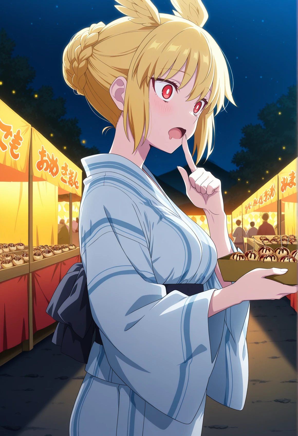 anime coloring, anime screencap, 1girl, head wings, short hair, blonde hair, french braid, drool, finger to mouth, open mouth, outdoors, yukata, festival, standing, takoyaki, night, lights, open clothes, medium breasts, red eyes, from side <lora:valkyries_FGO:1>, masterpiece, best quality, amazing quality, very aesthetic, absurdres, highres, newest