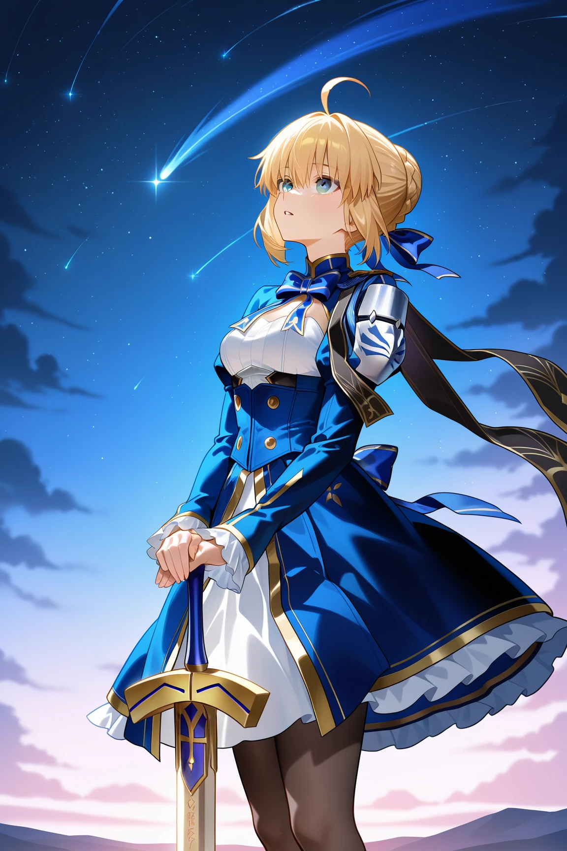 <lora:c_saber (honkai star rail)_(fate)_ilv1.0-xl:1>,saber \(honkai star rail\) \(fate\), 1girl, artoria pendragon \(fate\), solo, saber \(fate\), blonde hair, ahoge, dress, night, sky, braid, night sky, blue dress, green eyes, ribbon, long sleeves, star \(sky\), hair bun, blue ribbon, weapon, sword, shooting star, bow, pantyhose, looking up, hair ribbon, starry sky, standing, single hair bun, outdoors, blue bow, excalibur \(fate/stay night\), masterpiece, best quality,