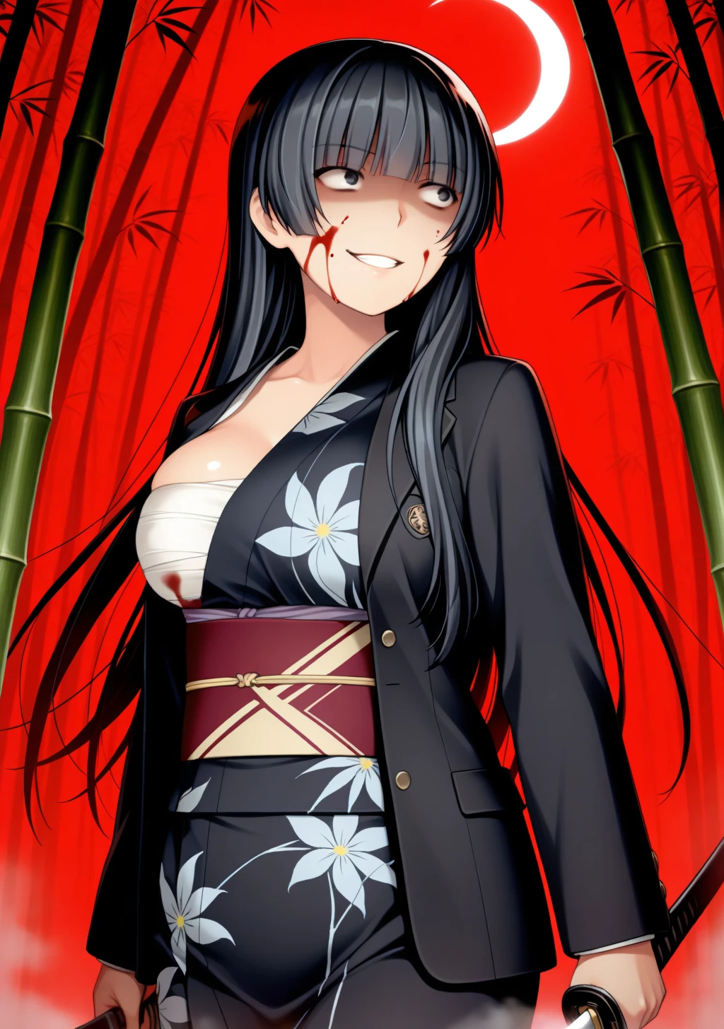 masterpiece, best quality, absurdres, perfect lighting,shiny skin,kosegawa shiromi,1girl,large breasts,shizuku, black hair, long hair,blazer ,blunt bangs,black eyes,<lora:shizuku_illu2:1>,japanese clothes,print kimono,obi, sarashi, holding weapon, katana,glowing eyes, glowing weapon, crazy eyes, crazy smile, grin,blood on face, blood on clothes, depth of field, bamboo forest,crescent moon, fog,red background,walking,looking to the side, shaded face,cowboy shot,