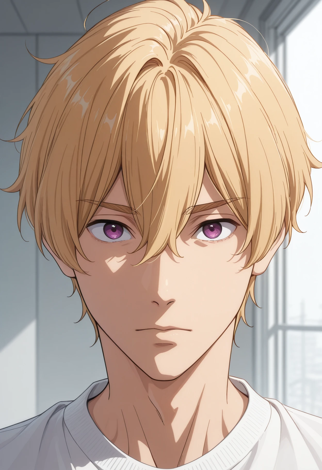 very awa, masterpiece, best quality, absurdres, newest, perfect quality, detailed background, intricate details, solo,
<lora:ILFr33Nag1saH4zuk1:1>
Fr33Nag1saH4zuk1, 1boy, male focus, blonde hair, hair between eyes, purple eyes, looking at viewer, portrait