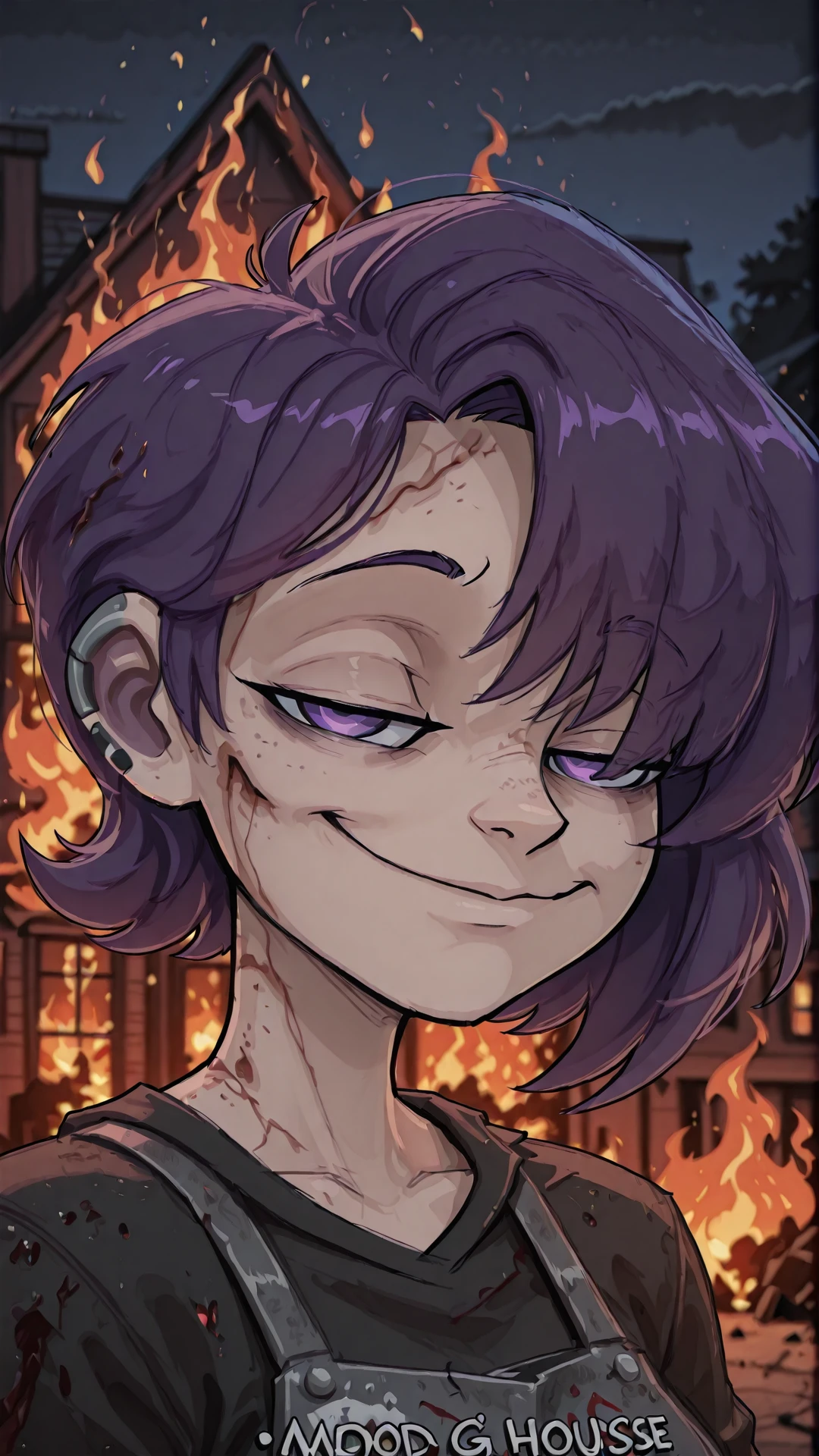 <lora:mdrgLadyAnnalie:1> mdrgLadyAnnalie, 1girl, <lora:disaster-girl-illustriousxl-lora-nochekaiser:0.8> disaster girl, disaster girl (meme), solo, looking at viewer, smile, closed mouth, upper body, blurry, blurry background, night, depth of field, half-closed eyes, parody, fire, meme, smug, burning house,