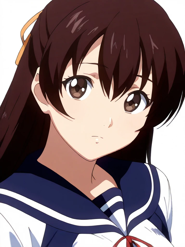 solo,looking at viewer,anime coloring,masterpiece,high score,great score,absurdres,upper_body,portrait,white background,<lora:AmiUehara ag4o:1> amiuehara, brown hair, long hair, hair ribbon, brown eyes,serafuku,