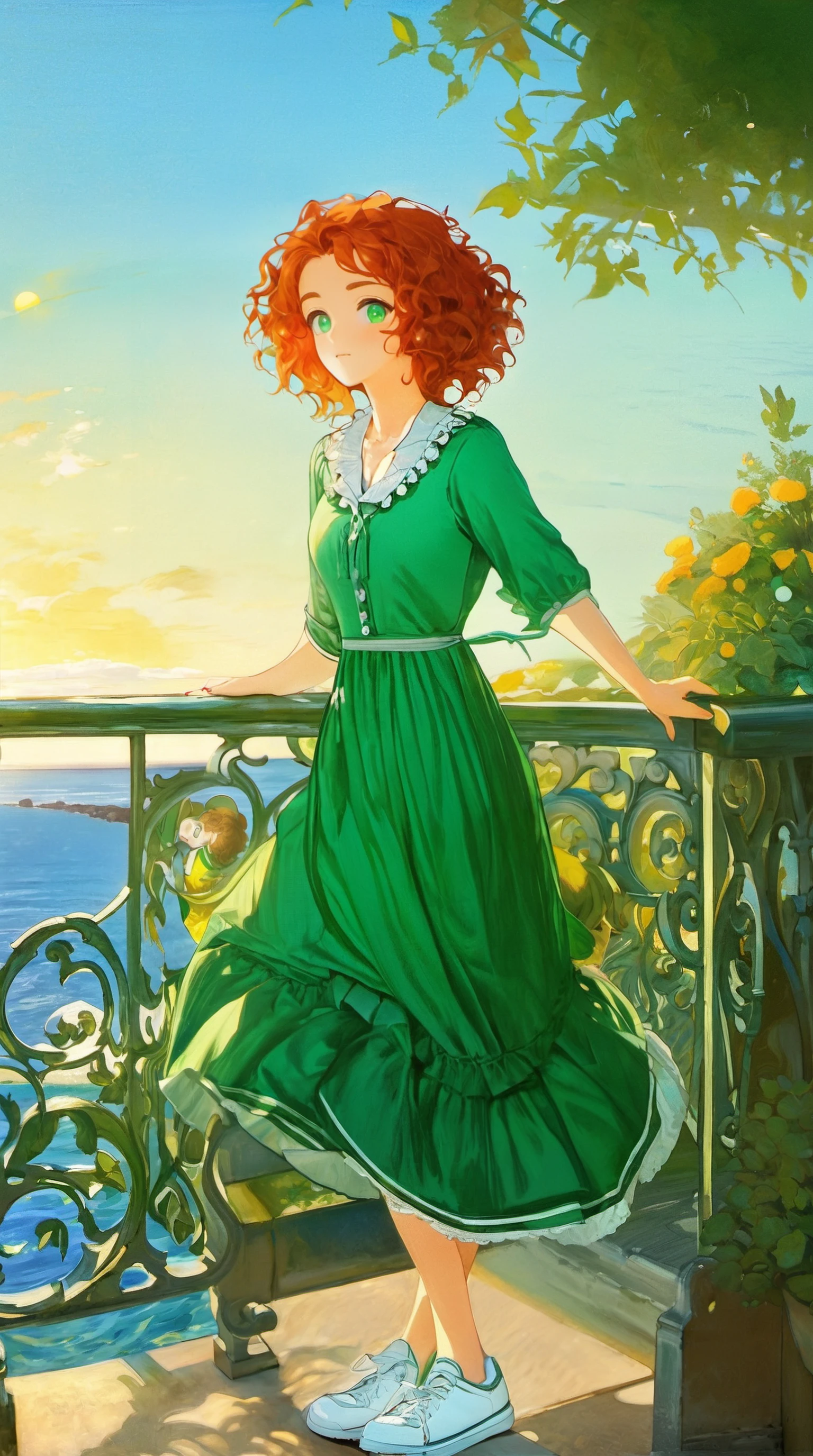 (Masterpiece Painting:1.3)of(Visual novel:1.3), (Romantic:1.3)Fullbody traditional media painting of a beautiful irish woman, erica, freckled skin, large doe eyes, short curly red hair, leaning against a railing, looking over the sea, wearing ivory sneakers and a blue sundress, yellow sun hat, <lora:EricaMurphy_XL-000008:1>, (Rococo:1.3), (Green hue:1.3)
