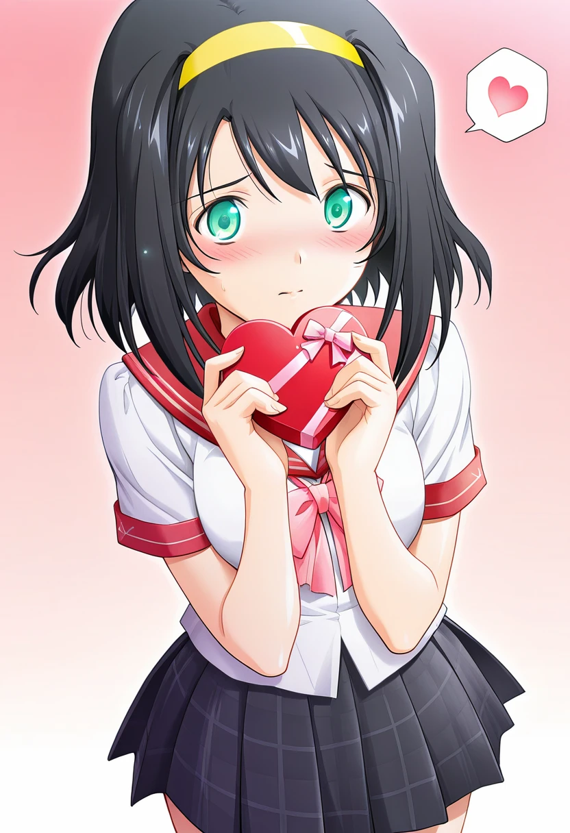 masterpiece, best quality, amazing quality, very aesthetic, absurdres, ultra detailed,
1girl, solo, ak3h1me_m@yu, black hair, short hair, green eyes, yellow hairband, shiny skin BREAK school uniform, pink bow, red sailor collar, plaid skirt, black skirt,
lovestruck, shy, grateful, blush, looking at viewer, spoken heart, standing, holding heart gift, gradient background, pink background, front view, upper body, ultra detailed, best hands <lora:akehime mayu v1.0-000014:1>