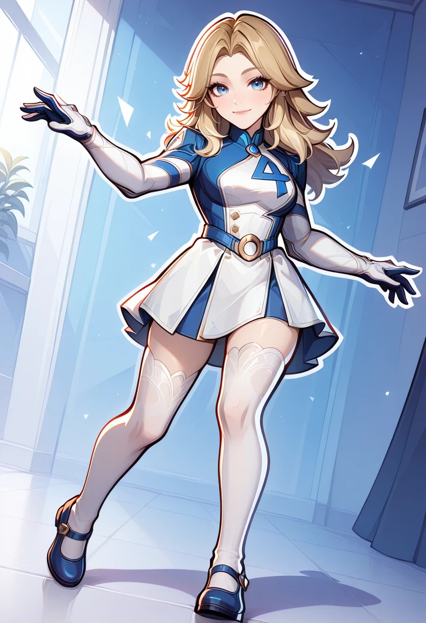 very awa, masterpiece, best quality, absurdres, newest, perfect quality, detailed background, intricate details, solo,
<lora:ILMRInvW0m4n:1>
MRInvW0m4n, 1girl, blue eyes, blonde hair, long hair, looking at viewer, chibi, (((fullbody))), illustration, thick outline, thick lines, flat color, 1girl, (((solo_female))), (((solo))), feminine, smile, soft blush, school_uniform, thigh-highs, mary_janes, dancing, happy, dynamic angle, dynamic pose, Flatline, Flat vector illustration