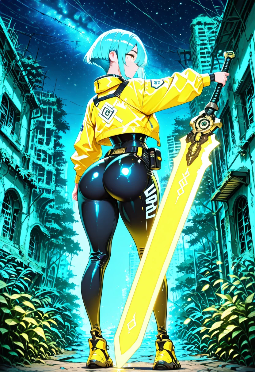 masterpiece, best quality, amazing quality, 4k, very aesthetic, high resolution, ultra-detailed,  ,[], C1tr0nSw0rd, 1girl, solo, short hair, long sleeves, standing, jacket, full body, yellow eyes, ass, sidelocks, thighs, blue hair, outdoors, sky, shoes, shiny, belt, looking back, pants,   night, glowing, plant, building, star (sky), night sky, cropped jacket, shiny clothes, pouch, city, ass focus, yellow jacket, huge ass, ruins, belt pouch, reverse grip, glowing weapon, overgrown  ,[], cinematic lighting, rim light, detailed background, depth of field, volumetric lighting, (side view),      <lora:EpicSwordStyle_IXL:1.0>,