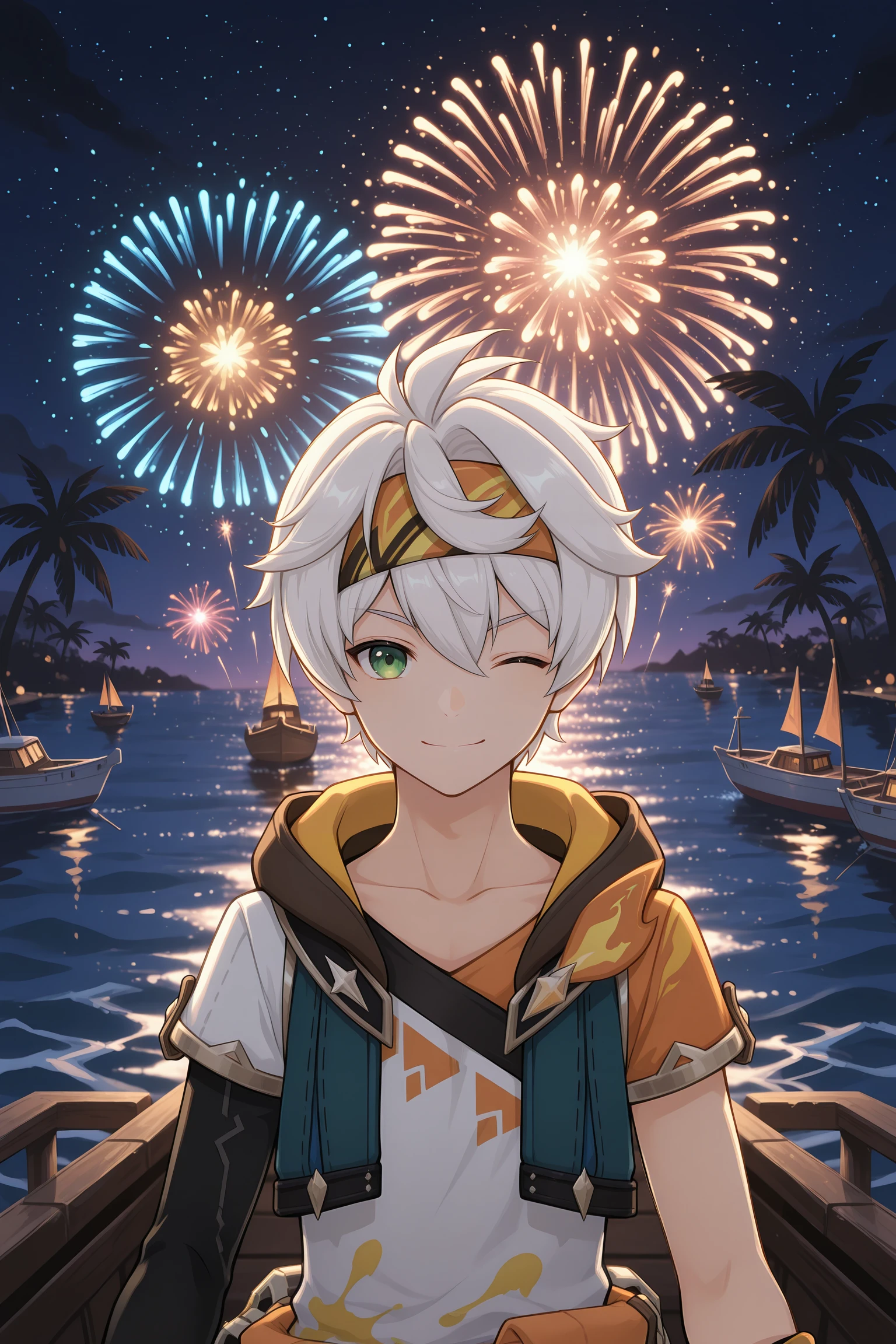 masterpiece, best quality, absurdres, ultra-detailed, extremely detailed, anime, volumetric lighting, 1boy, male focus, green eyes, one eye closed, solo, headband, smile, white hair, looking at viewer, hood, short sleeves, short hair, shirt, hair between eyes, upper body, gloves, orange gloves, closed mouth, asymmetrical sleeves, ;\), night, night sky, sky, fireworks, outdoors, tree, boat, water, scenery, star \(sky\), palm tree, watercraft, reflection <lora:bennett_adventures_in_blazing_hue:1>