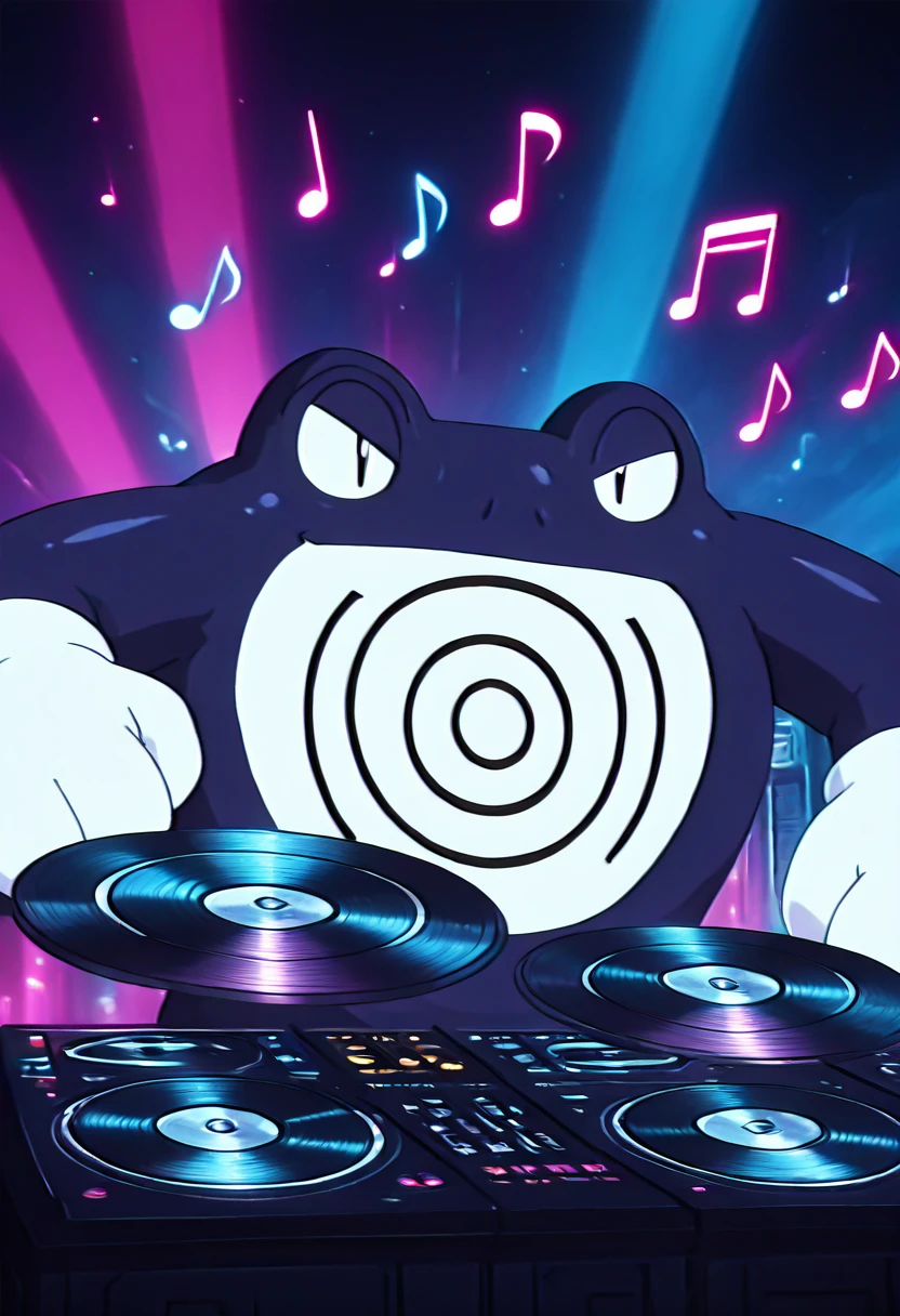 masterpiece, best quality, solo, zzPoliwrath, , <lora:PoliwrathPokedex_IXL:1.0>, , solo, looking at viewer, smile, AdFF, turntable, blue theme, (music notes, upper body), <lora:AudioFileFuture_IXL_v1:1.0>