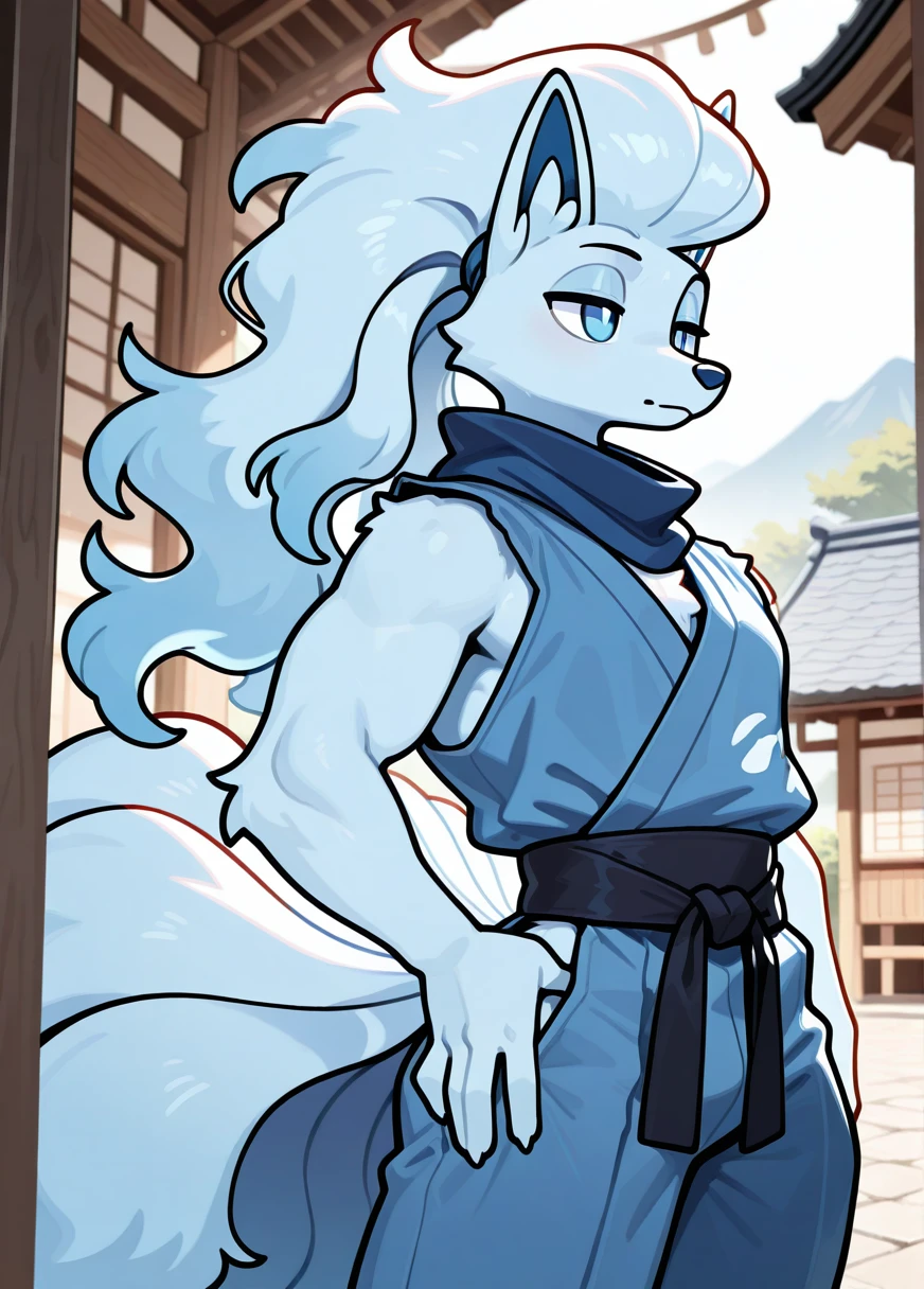 masterpiece, best quality, newest, absurdres, highres,
anthro, solo, 1boy, male, alolan ninetales, blue eyes, masculine, athletic,
ninja outfit, japanese village