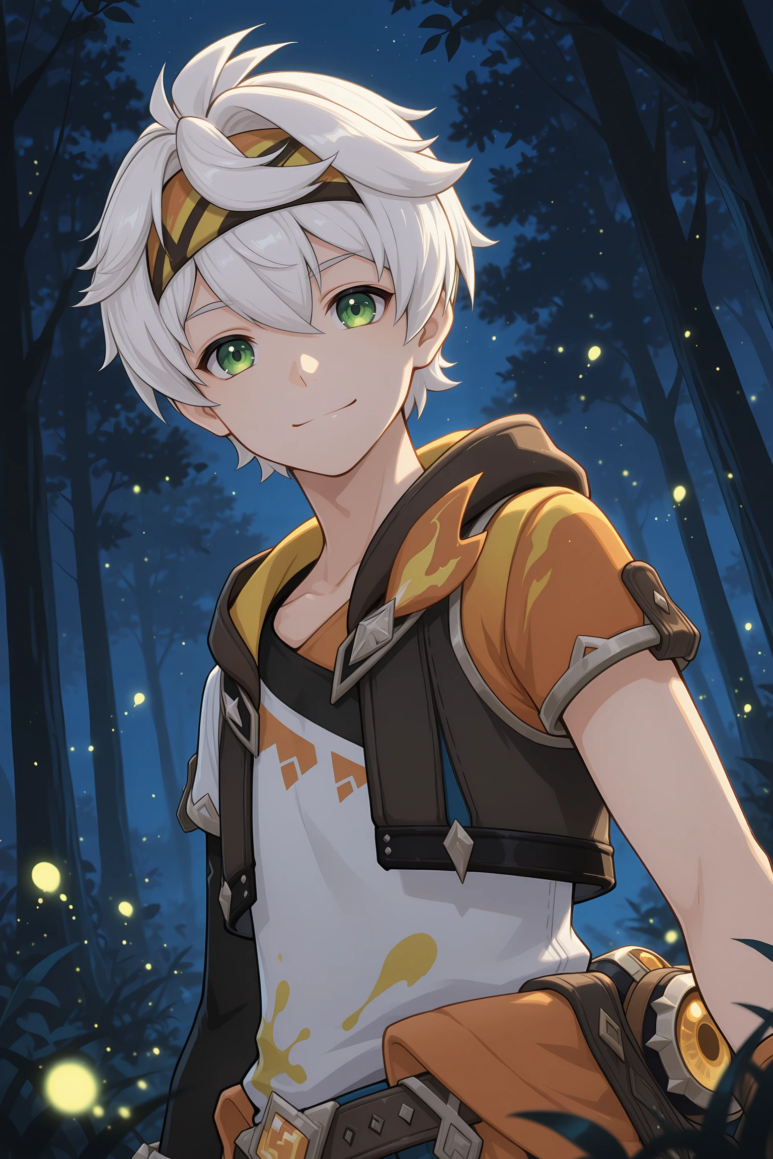 masterpiece, best quality, absurdres, ultra-detailed, extremely detailed, anime, volumetric lighting, masculine male, (dynamic angle:1.3), bennett_skin, 1boy, male focus, green eyes, forest, nature, solo, night, fireflies, white hair, outdoors, headband, smile, short hair, hood, tree, gloves, short sleeves, hair between eyes, night sky, looking at viewer, shirt, upper body <lora:bennett_adventures_in_blazing_hue:1>