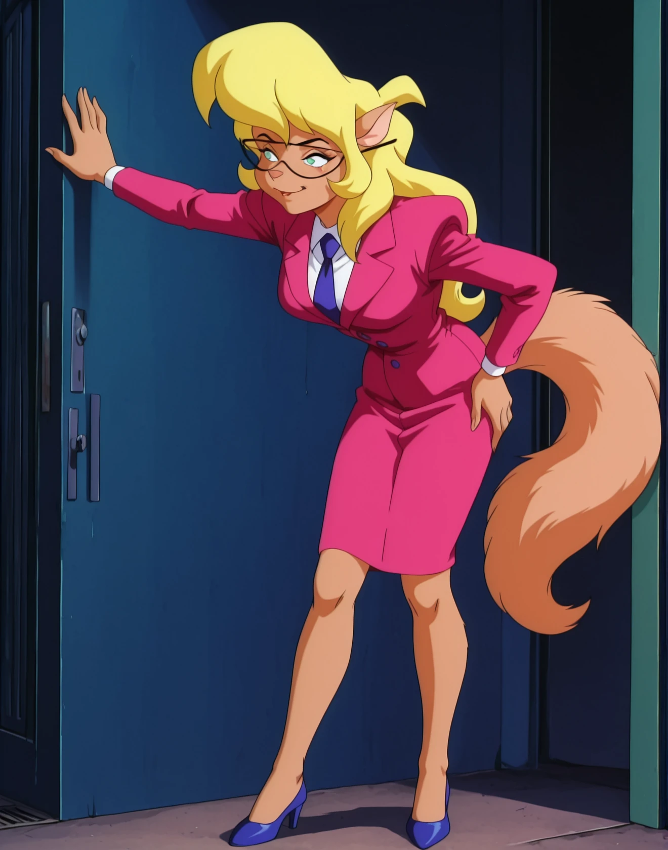 masterpiece, best quality, source_furry, 1girl, solo, Callie_BriggsSWCT, glasses, blond hair, long hair, green eyes, furry, anthro, glasses, necktie, pink formal, suit, skirt, pencil skirt, pointy ears, retro artstyle, bangs, 1990s (style), <lora:Callie_BriggsSWCT_IL:1>  blue high heels, outside,