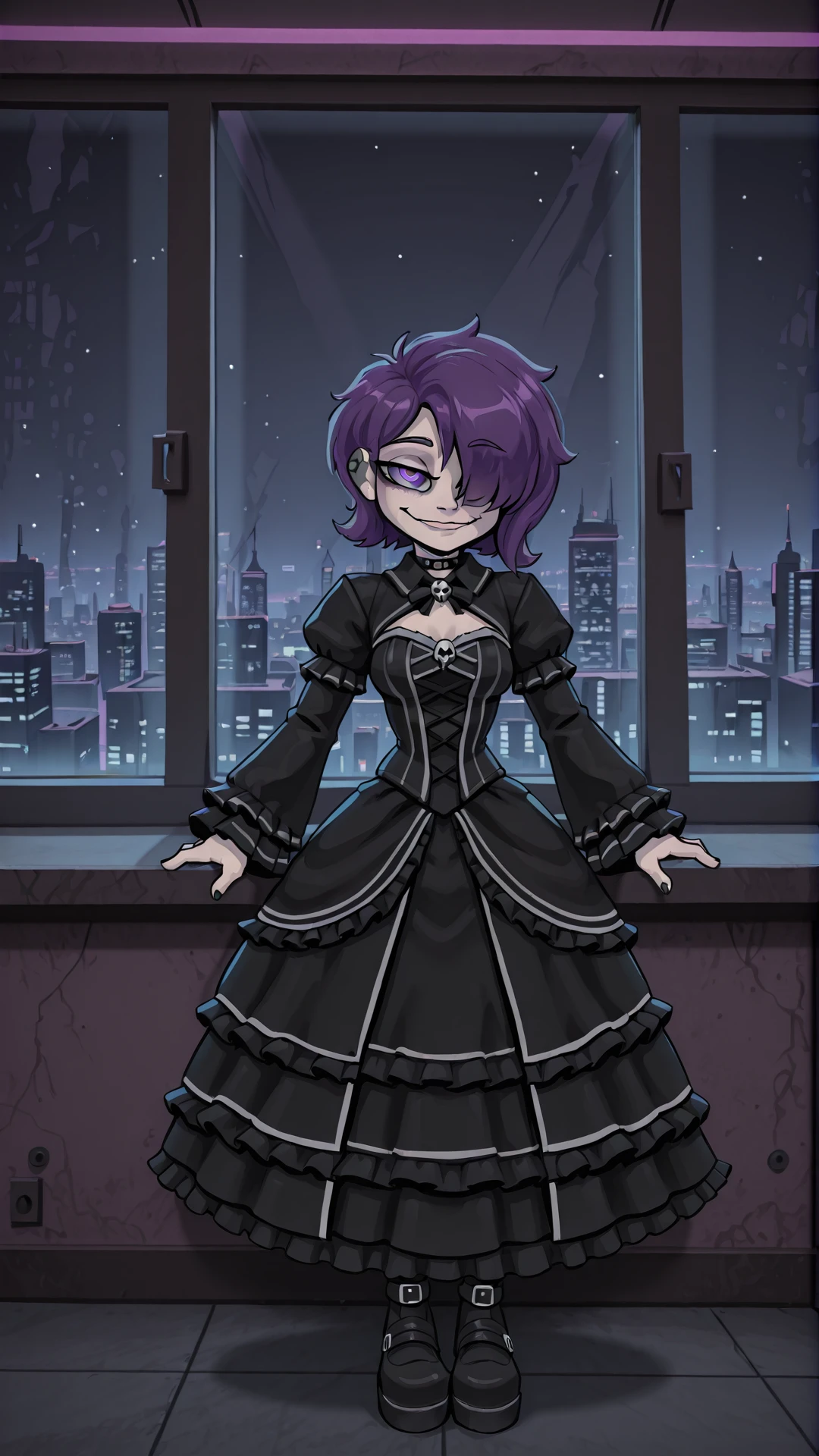 <lora:mdrgLadyAnnalie:1> mdrgLadyAnnalie, 1girl, full body, gothic dress, gothic fashion, skyline, night, dystopia, indoors, window, smile, looking at viewer,