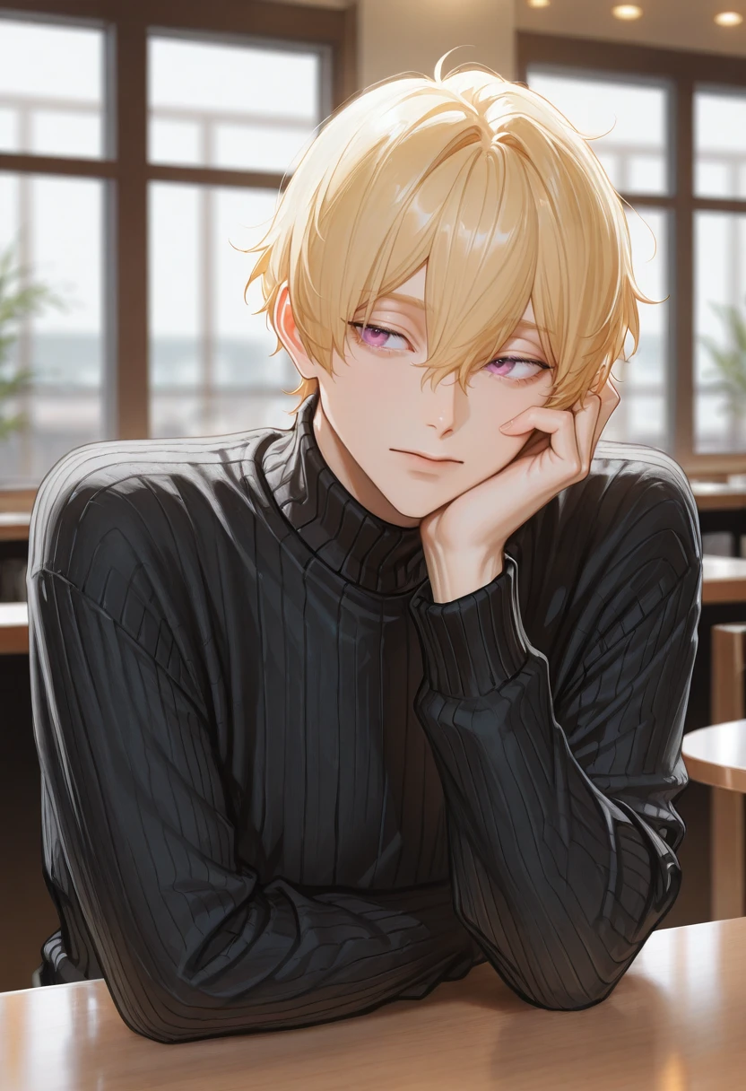 very awa, masterpiece, best quality, absurdres, newest, perfect quality, detailed background, intricate details, solo,
<lora:ILFr33Nag1saH4zuk1:1>
Fr33Nag1saH4zuk1, 1boy, male focus, blonde hair, hair between eyes, purple eyes, male focus, blurry background, black sweater, indoors, head rest, long sleeves, hand on own face, table, depth of field, upper body, turtleneck sweater, elbow rest, cafe, hand on own cheek, sitting, realistic, ribbed sweater, counter, hand up, window