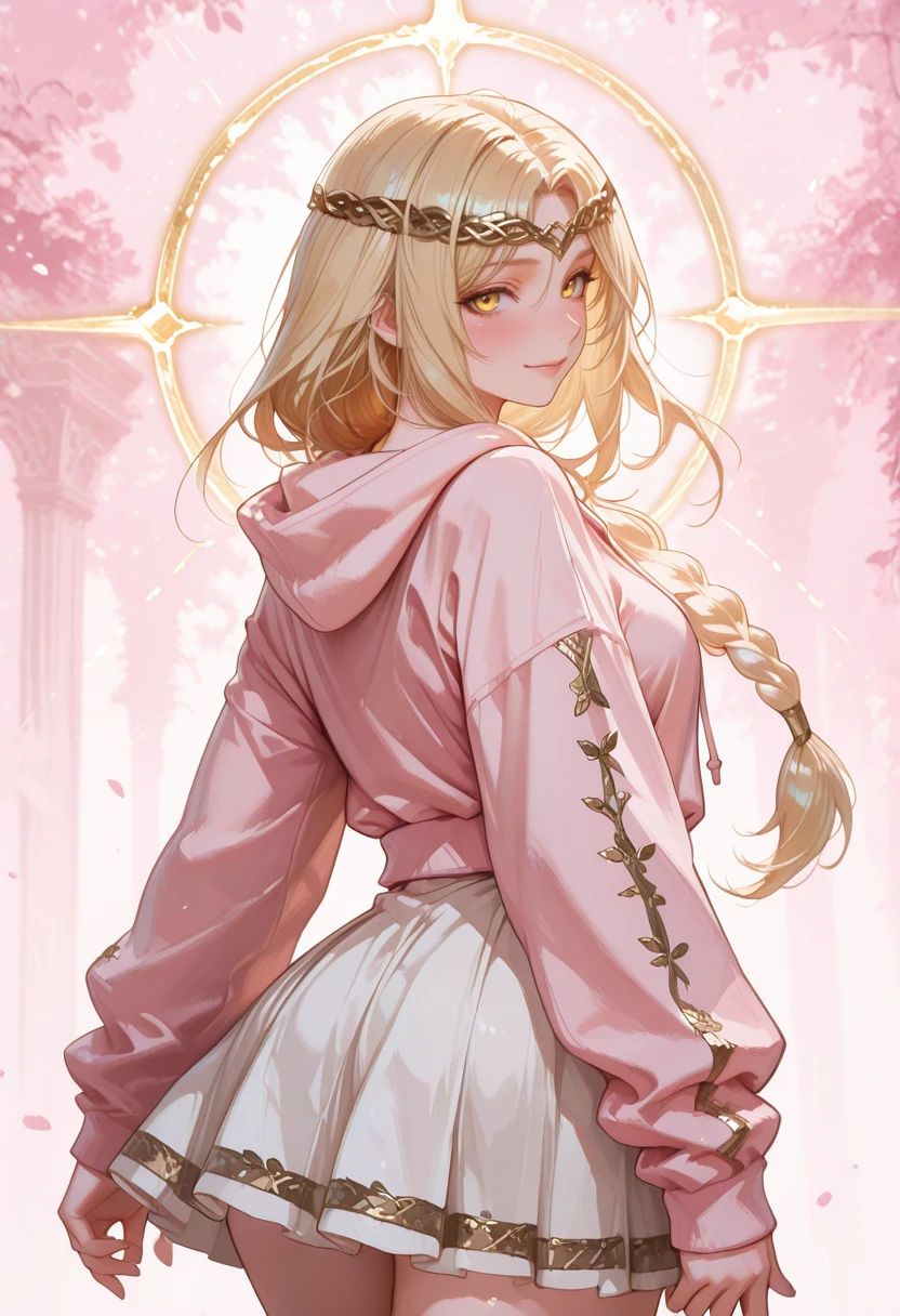 very awa, masterpiece, best quality, absurdres, newest, perfect quality, detailed background, intricate details, solo,
<lora:ILERMarika:1.0>
ERMarika, 1girl, long hair, single braid, blonde hair, circlet, yellow eyes, looking at viewer, blushing, thin body, dynamic composition, dynamic pose, pastel colored background, soft lighting, cute aesthetic, fantasy elements, whimsical atmosphere, pose looking back, soft smile, pink oversized hoodie, white pleaded skirt
