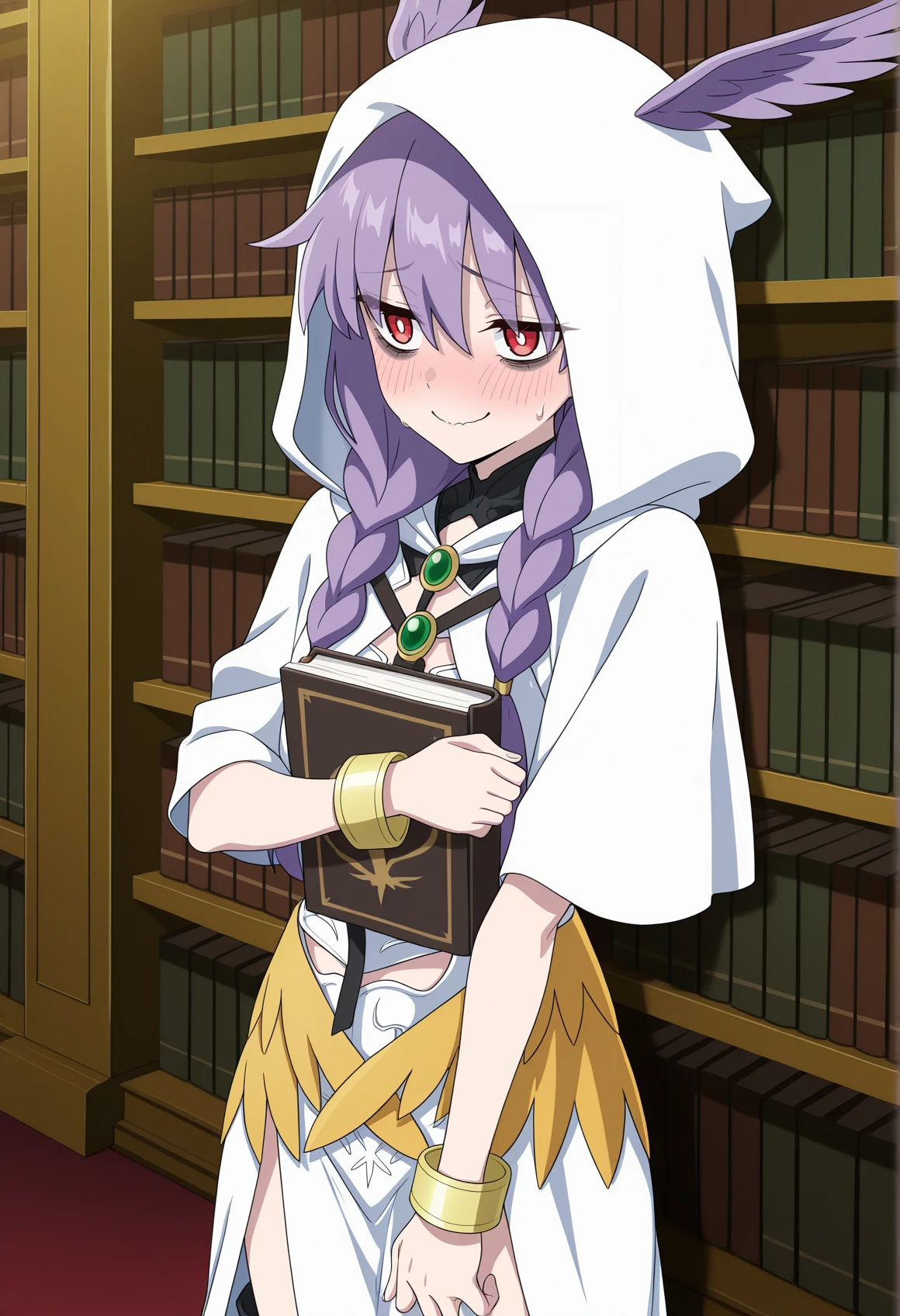 anime coloring, anime screencap, 1girl, head wings, armor, bracelet, waist cape, hood, hood up, long hair, purple hair, red eyes, bags under eyes, sweat, shy, nervous smile, closed mouth, blushing, holding book, twin braids, library  <lora:valkyries_FGO:1>, masterpiece, best quality, amazing quality, very aesthetic, absurdres, highres, newest