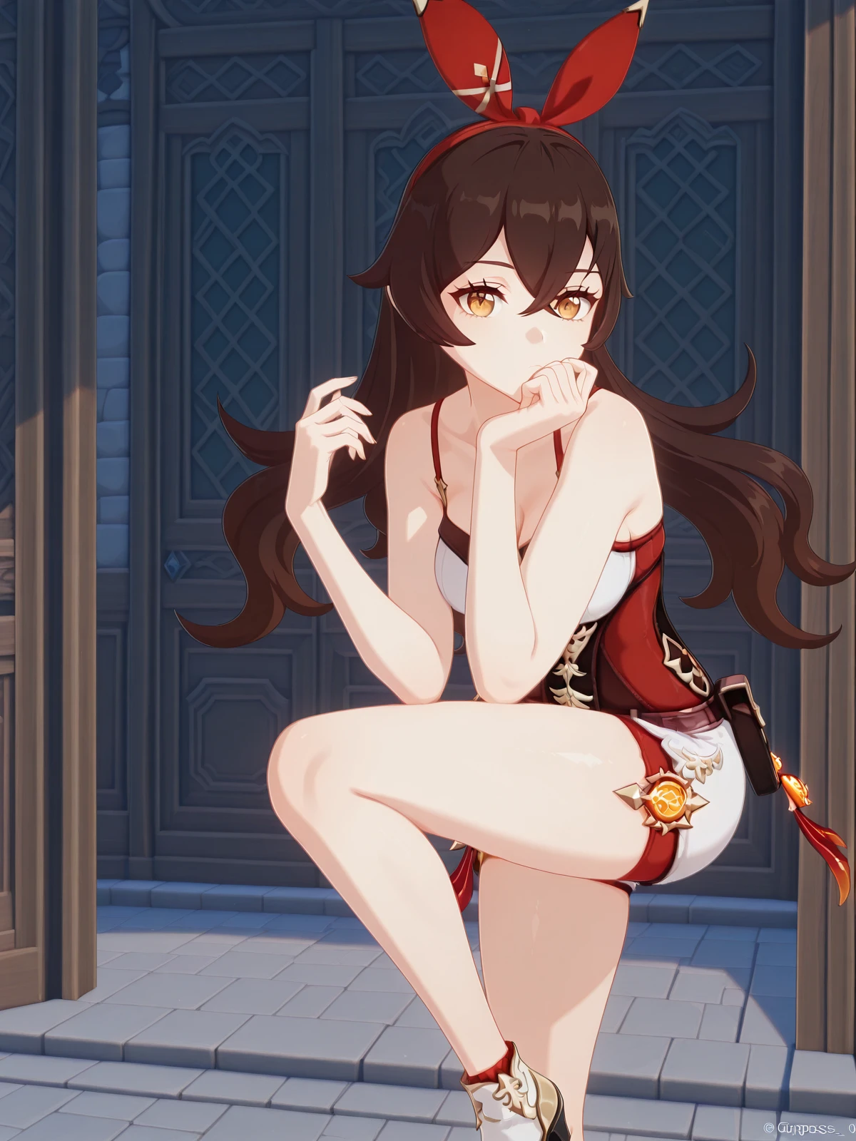 masterpiece, best quality, amazing quality,, <lora:genshin-amber-ingame-illustriousxl-lora-nochekaiser:1>, amber, amber (genshin impact), long hair, bangs, brown hair, ribbon, hair between eyes, brown eyes, hair ribbon, sidelocks, hairband, mature female, , 3d,, <lora:giuseppe-zanotti-spring-summer-2009-illustriousxl-lora-nochekaiser:1>, giuseppe zanotti spring summer 2009, solo, leg up, hands up, feet out of frame, hand on own chin, lookin at viewer, standing on one leg,, , ,