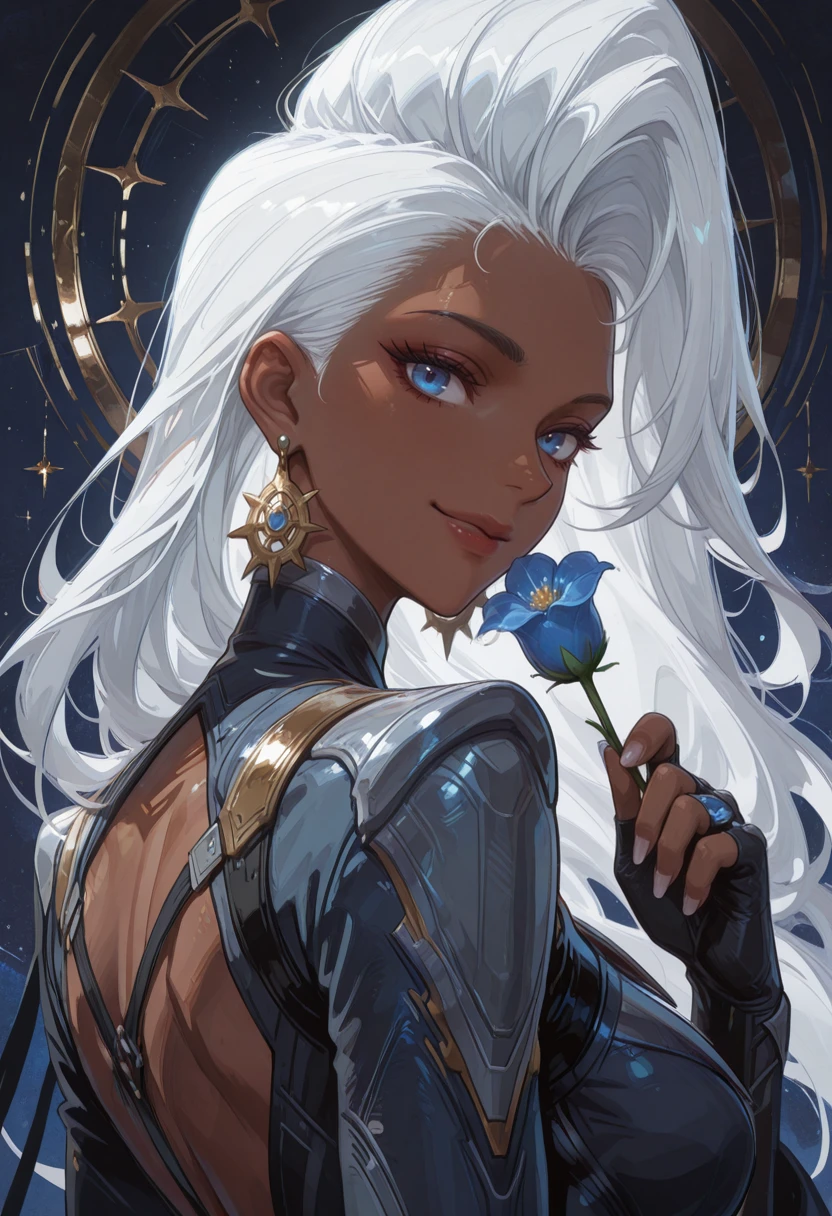 very awa, masterpiece, best quality, absurdres, newest, perfect quality, detailed background, intricate details
<lora:ILMRSt0rm:1>
MRSt0rm, 1girl, dark-skinned female, long hair, white hair, sideburn, blue eyes, earrings, looking at viewer, looking at viewer, looking at viewer, charming smile, holding flower, chupa chups, upper body, from below, back lighting, dark, multicolored background