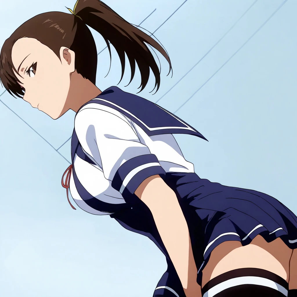 solo,looking at viewer,anime coloring,masterpiece,high score,great score,absurdres,from side,<lora:YuiNemoto ag4o:1> yuinemoto, brown hair, ponytail, brown eyes,serafuku,thighhighs,