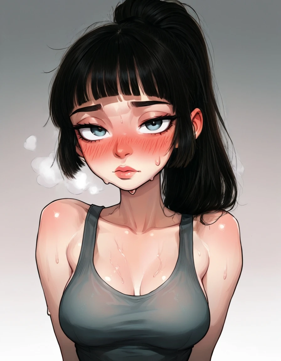 <lora:Real hair for 2D:1>,detail hair,1girl,bangs,bare shoulders,black hair,blunt bangs,blush,breasts,gradient,gradient background,grey background,lips,long hair,looking at viewer,medium breasts,nose,nose blush,ponytail,solo,sweat,tank top,upper body,fluffy hair