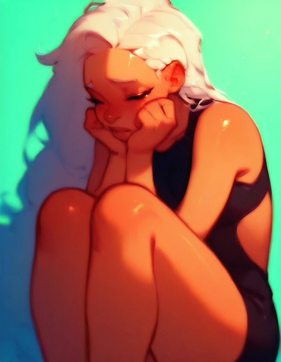 ponyxlstyle76, 1girl, sitting, white hair, <lora:test_2_Illustrious_ponyxl_art_style:1>