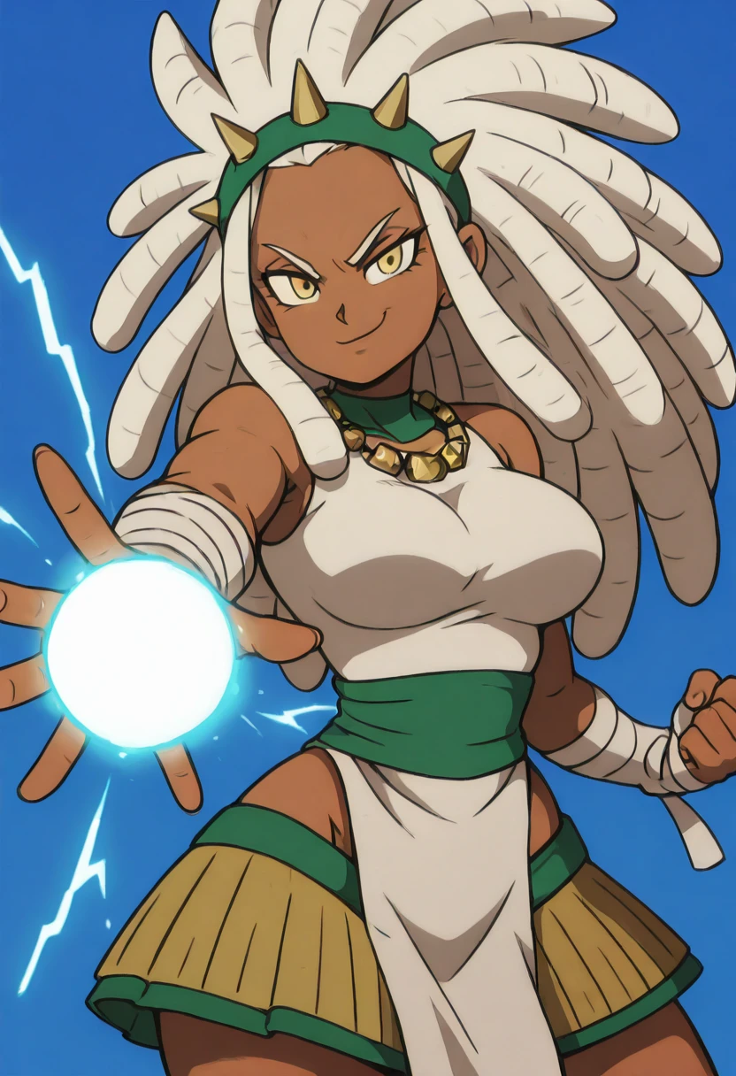 masterpiece, best quality, solo, curvy, beautiful eyes, narrow waist, wide hips, 1girl, solo, smile, looking at viewer, foreshortening, close up, zzKacti, yellow eyes, white hair, long hair, sidelocks, dreadlocks, dark skin, necklace, hairband, spikes, pelvic curtain, groin, skirt, bandaged arm, <lora:KactiThorn:1.0>, ,vivid aura, looking at viewer, blue background, smug, aura, super saiyan, charging energy, energy ball, energy, lightning, <lora:DBSBroly_Style_IXL_v2:0.6>,