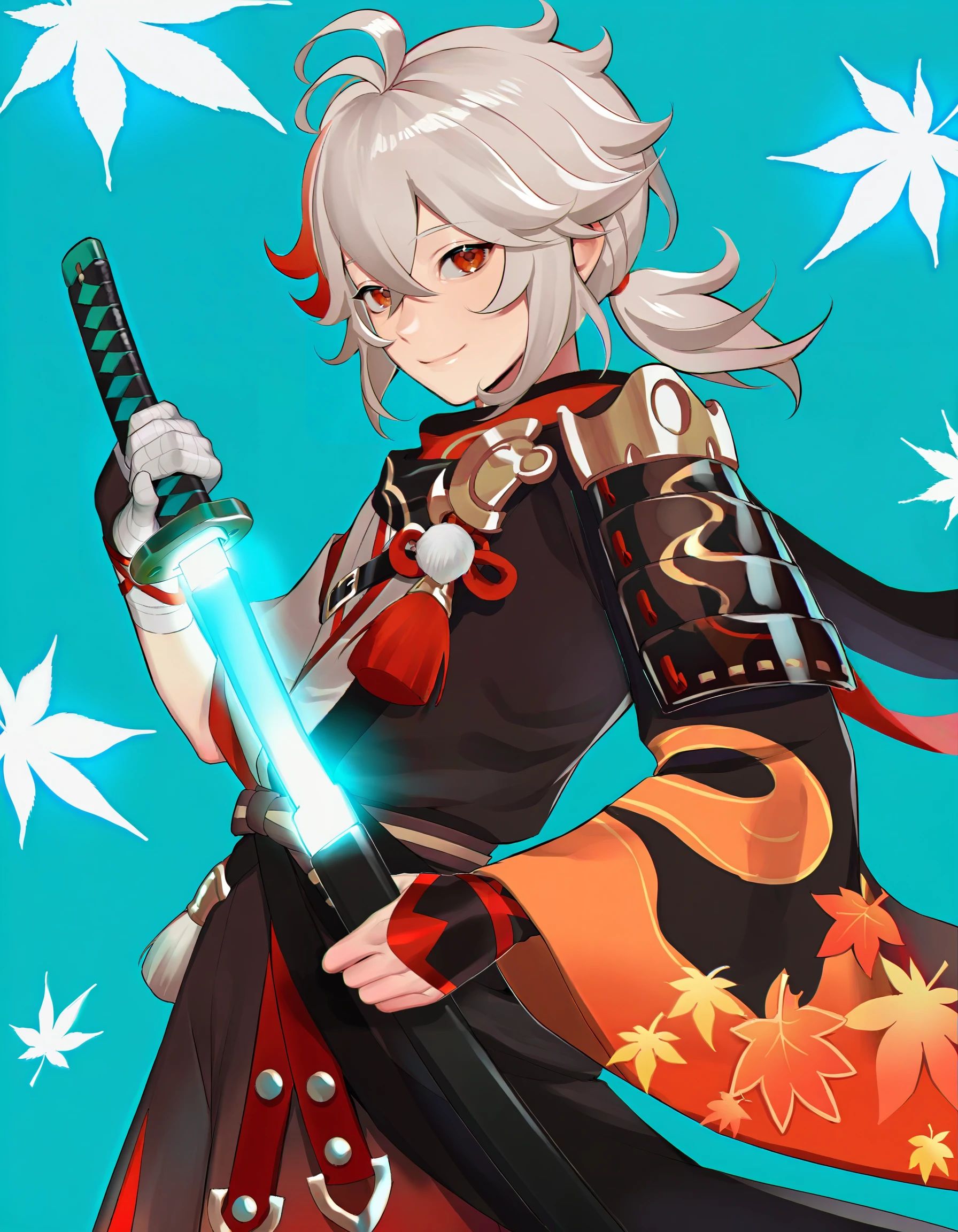 lavelis, <break> 1boy, kaedehara kazuha, unsheathing, from side, looking at viewer, bandaged hand falling leaves, maple leaf, looking at viewer, smile, teal background, cowboy shot, maple leaf, <break> very awa, masterpiece, best quality, amazing quality, highres, detailed background, ultra-detailed, <segment:yolo-face_yolov8n.pt,0.3,0.4//cid=11> <segment:yolo-hand_yolov8n.pt,0.3,0.4//cid=12>