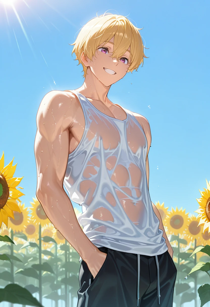 very awa, masterpiece, best quality, absurdres, newest, perfect quality, detailed background, intricate details, solo,
<lora:ILFr33Nag1saH4zuk1:1>
Fr33Nag1saH4zuk1, 1boy, male focus, blonde hair, hair between eyes, purple eyes, male focus, sunflower, flower, wet clothes, outdoors, white tank top, blue sky, hands in pockets, day, pectorals, pants, grin, hand in pocket, sunlight, shorts, sweat, muscular male, cowboy shot, wet shirt