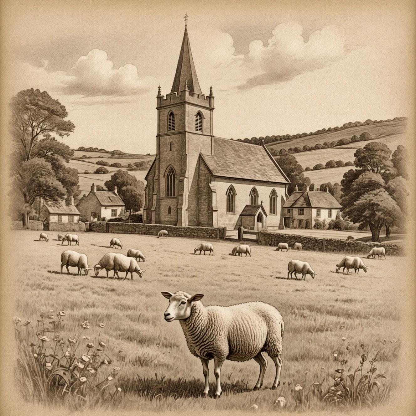 Vintage drawing style.
An old country village church. Sheep grazing in a field.