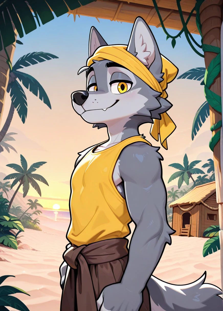 masterpiece, best quality, newest, absurdres, highres, anthro, 1boy, solo, wolf, silver fur, yellow eyes, (muscular:0.60), yellow undershirt, cloth headwear, smile, looking at viewer, standing in wooden hut, tropical jungle, oasis, palm tree, vines, sand, detailed background, sunrise, portrait, close up